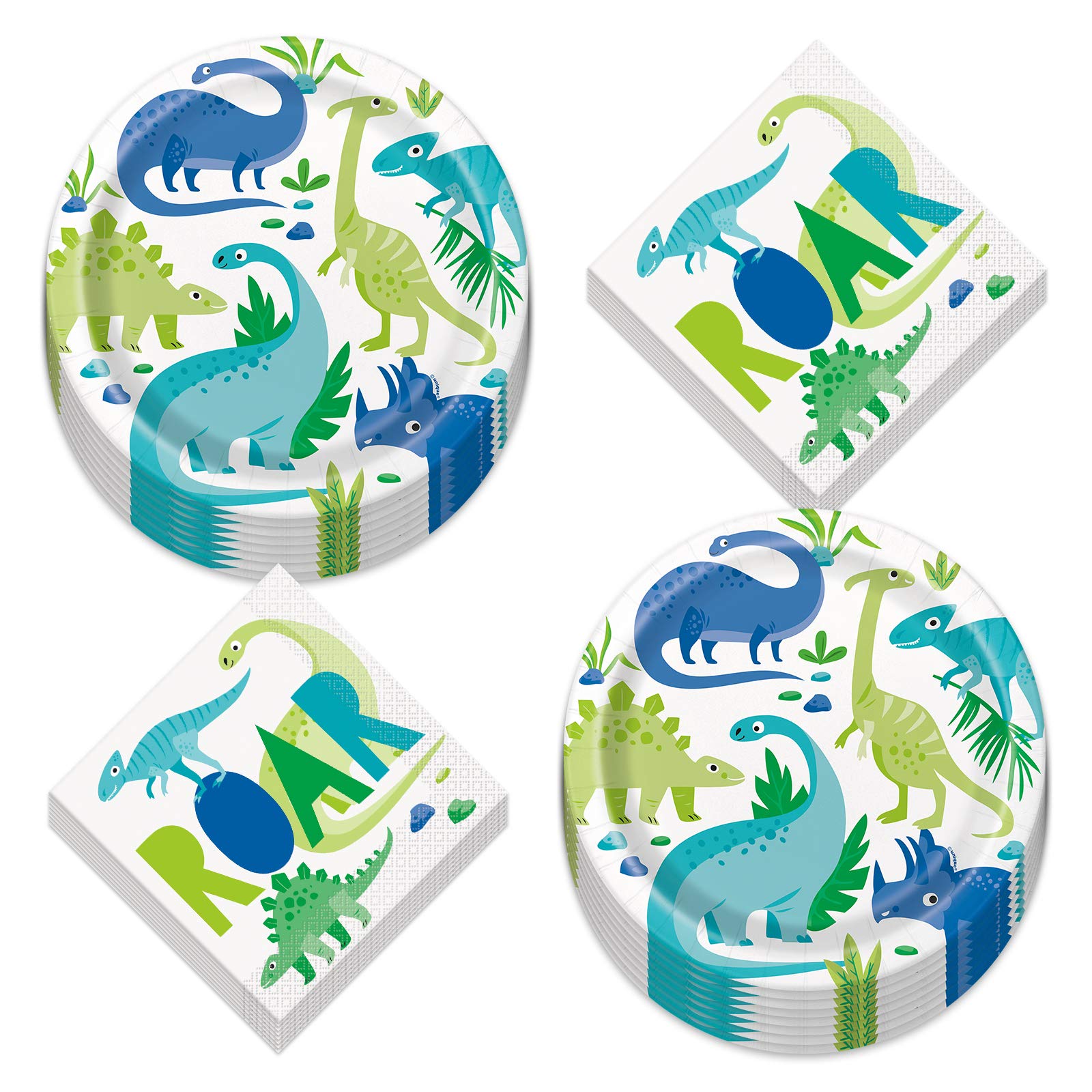 Platos de cena y servilletas de papel de dinosaurio azul y verde (sirve 16)