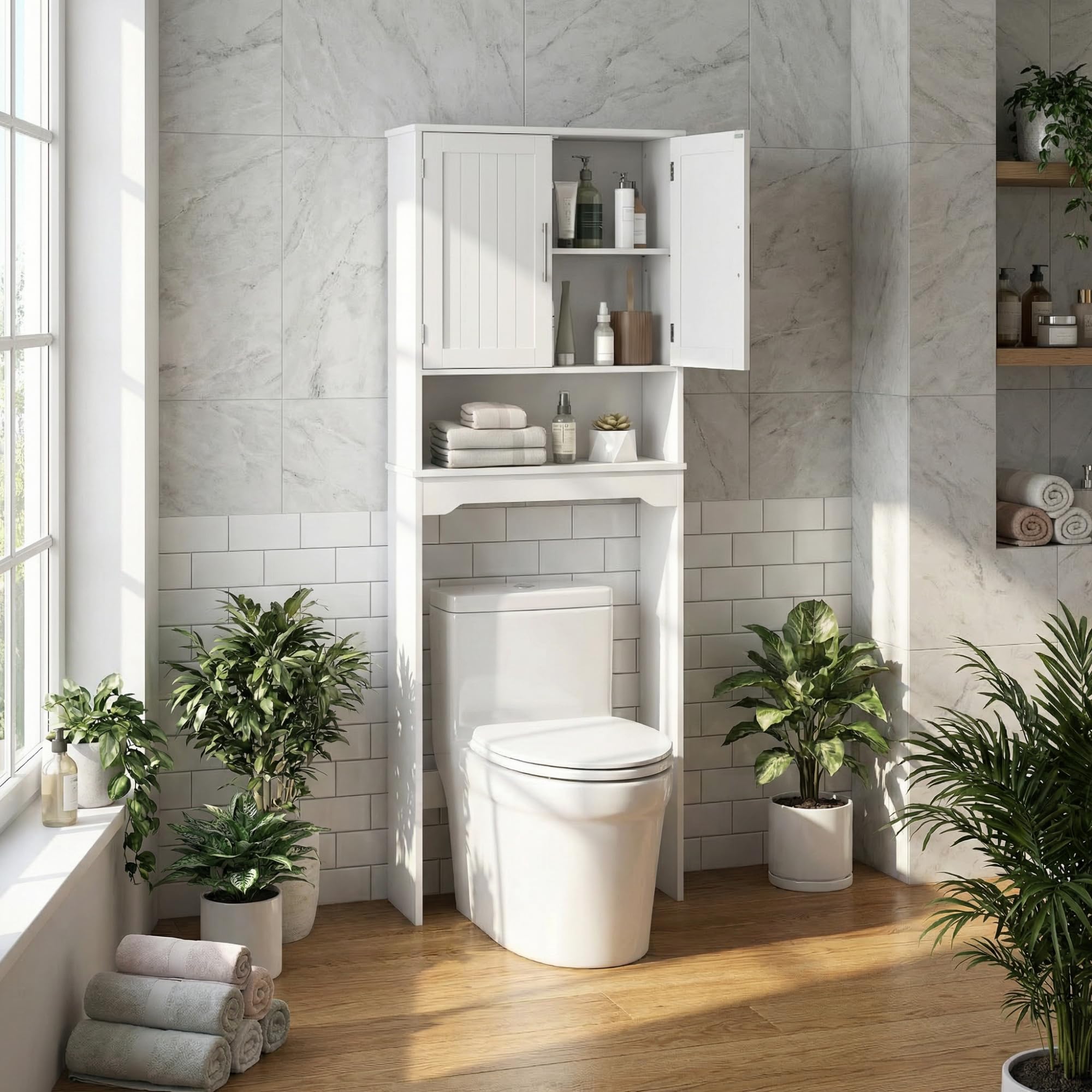 LIFEZEAL Armario sobre Inodoro, Mueble Alto de baño, Estante con 2 Puertas balda Ajustable, Organizador para baño, Lavadora, 63 x 23 x 168 cm