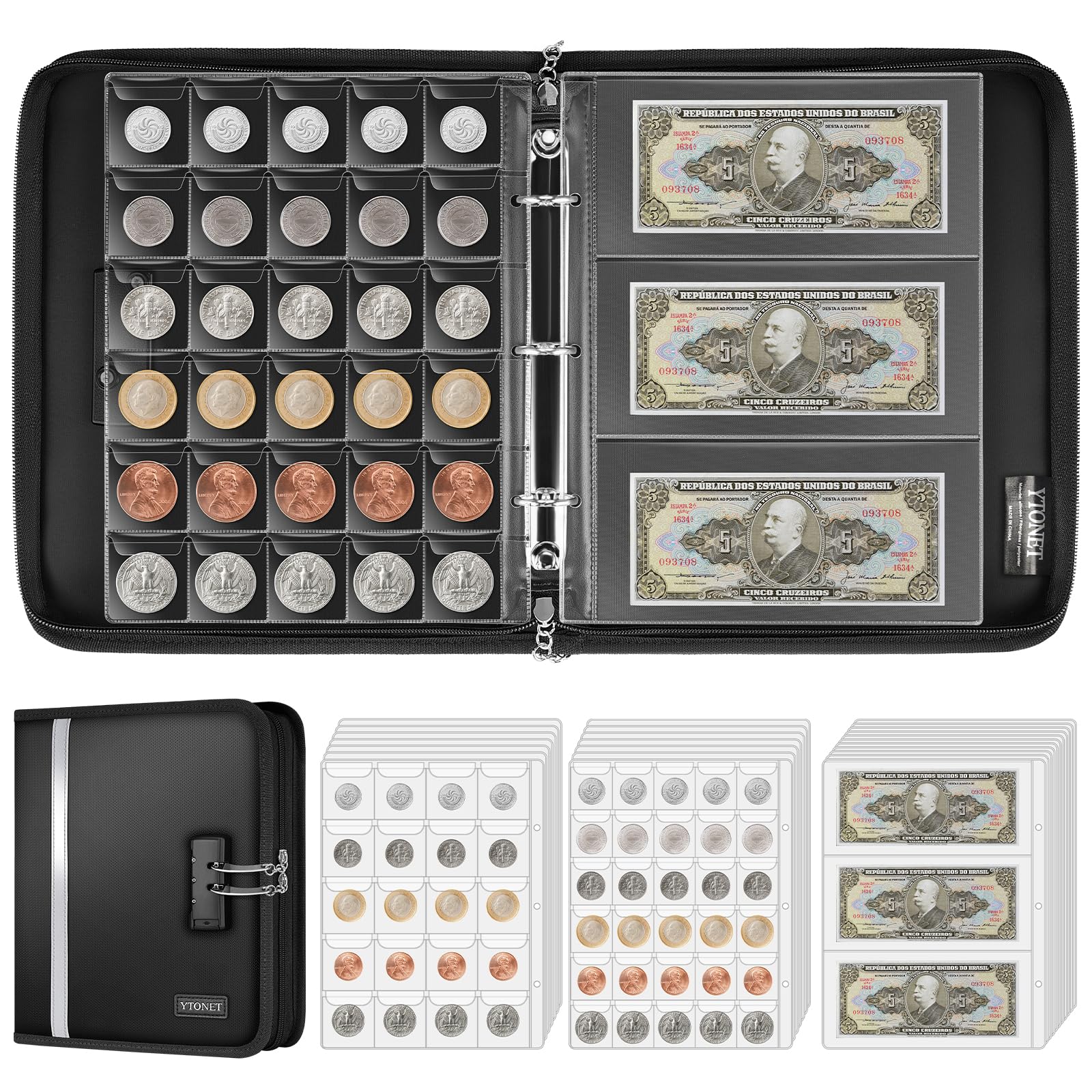 Coin Collection Book Holder for Collectors, Fireproof Coin Collection Supplies with Lock, 320 Pockets Coins Album and 36 Currency Album Storage Organizer, Coins Collector Gifts for Bill, Penny, Black