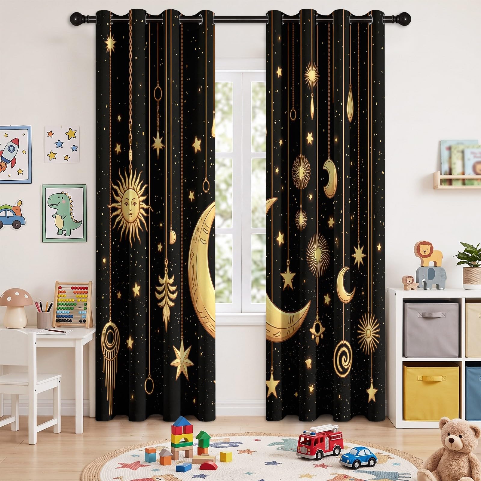Lot de 2 Rideaux occultants Ciel Étoilé Fantastique décoration d'intérieur, Art Astrologique Univers Poussière D'Étoiles Lune Rideau Thermique avec Œillets pour Fille et garçon - 132L X 240H cm