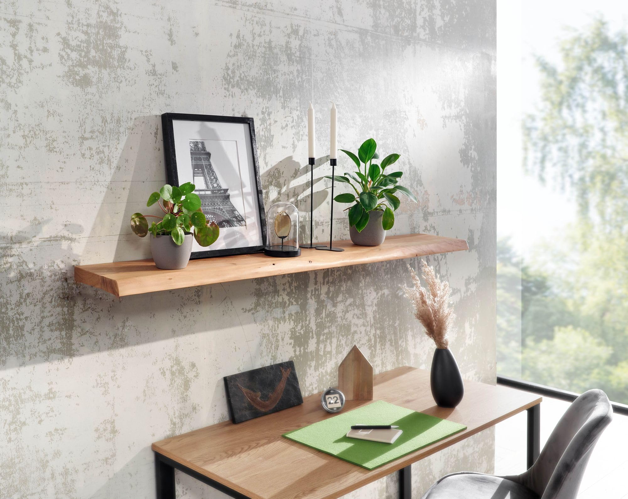 WOHNLING Mensola 140 cm Acacia Massello Bordo Naturale, Mensola Sospesa | mensola da parete rustica in stile country, mensola sospesa per libri e decorazioni, fatto a mano, ogni scaffale è unico