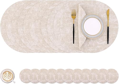 Miniatura 24 de Homaxy - Juego de 6 manteles individuales redondos de piel sintética y posavasos, lavables, de doble cara, manteles individuales de mesa, manteles