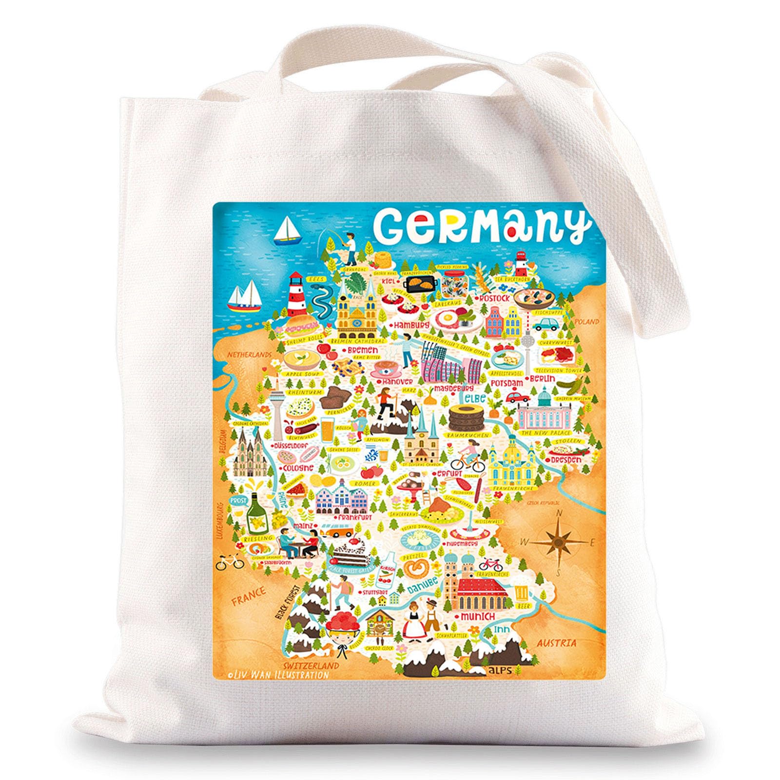 LEVLO Germany Map Tote Bag Germany Travel Souvenir Gift Germany Travelling Culture Themed Reusable Bag Germany Vacation Gift