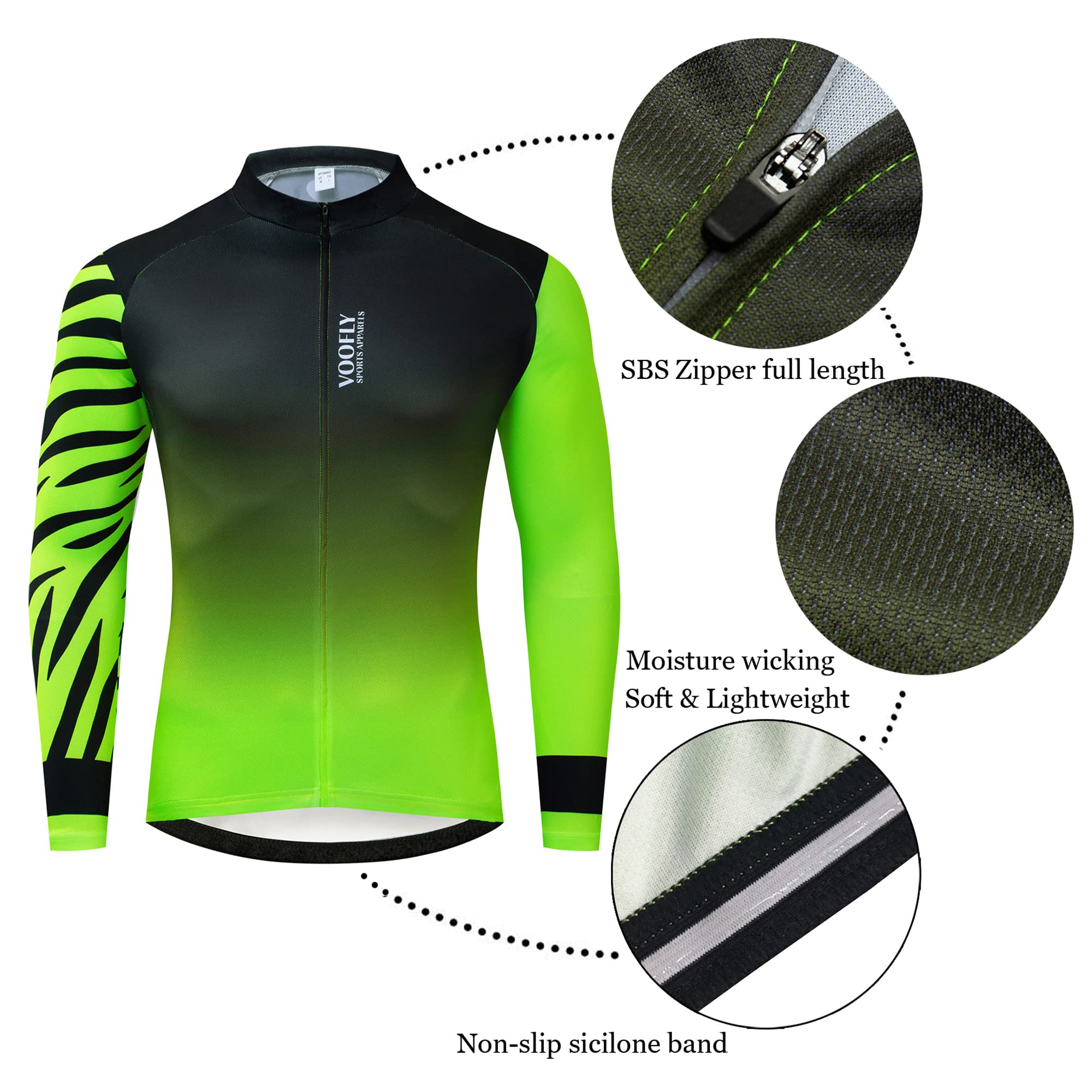 Maglia da ciclismo da uomo, a maniche lunghe, traspirante, ad asciugatura rapida, con tasche, chiusura lampo, riflettori, verde, nero, rosso