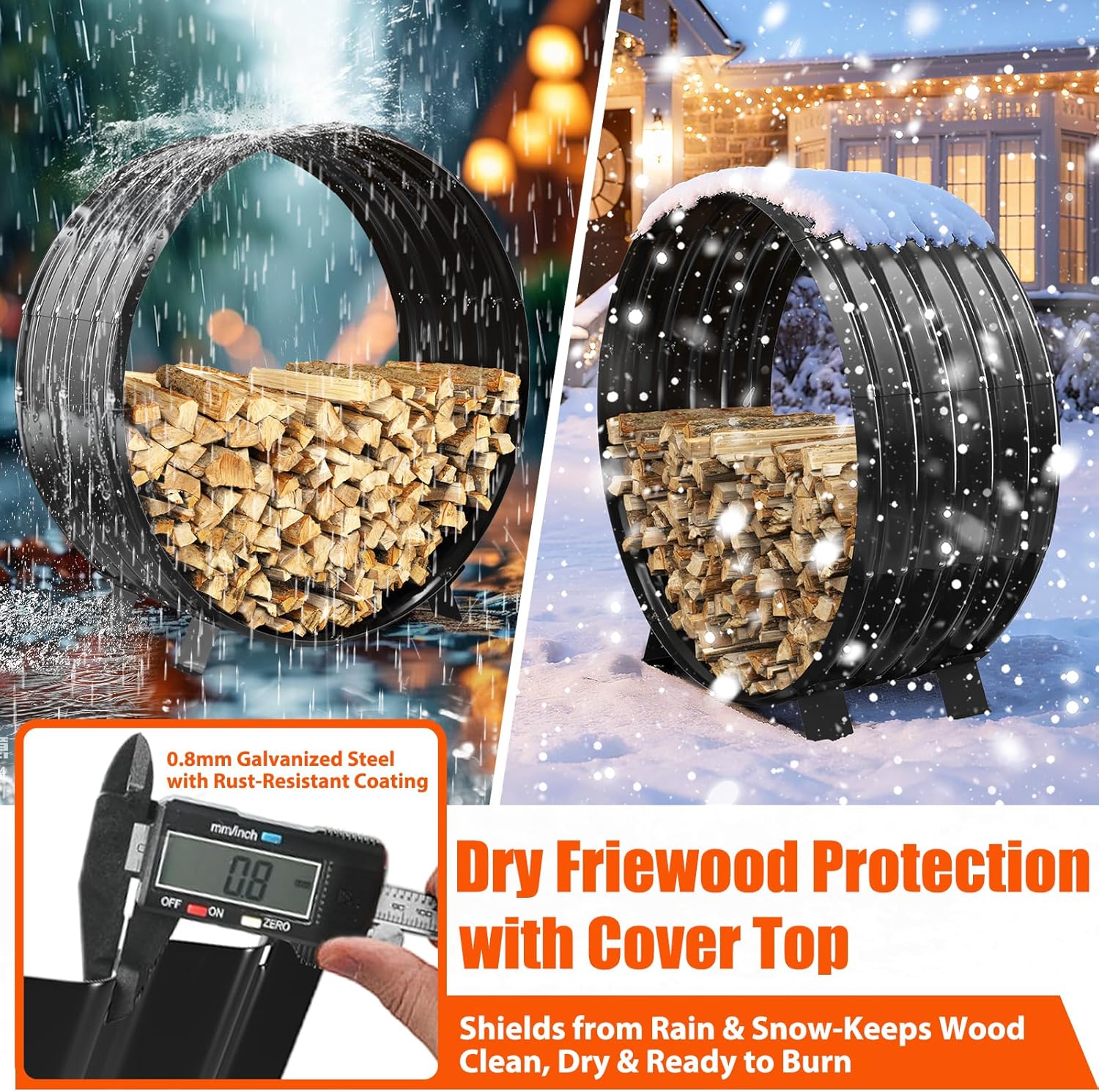 39IN Firewood Rack Outdoor Indoor with Cover, 600Lbs Capacity,Heavy Duty Fire Wood Pile Storage Rack, Round Fireplace Log Holder Stand for Patio,Deck,Porch,Backyard