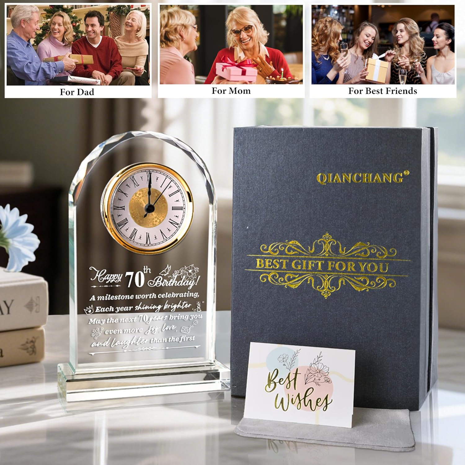 70th Birthday Gift for Men and Women, Crystal Roman Numerals Decorated Quartz Clock, for 70 Year Old Women, 70th Birthday Gift for Men - Image 6