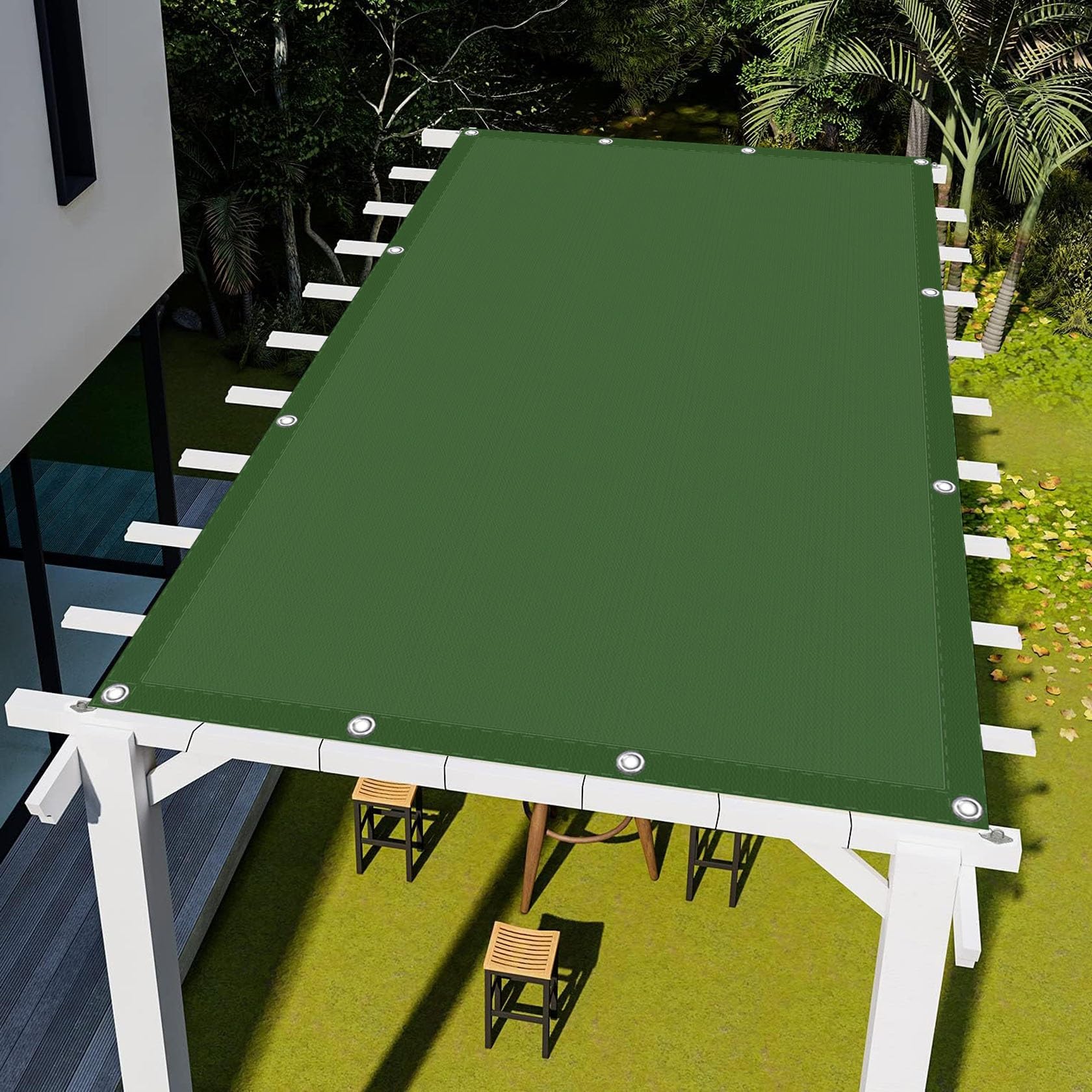 Prostokątny żagiel przeciwsłoneczny 2,5 x 5 m, ochrona przed promieniowaniem UV, poliestrowa plandeka PES, z oczkami i liną, bez wiercenia, idealna na balkon, do ogrodu, na patio, ciemnozielona