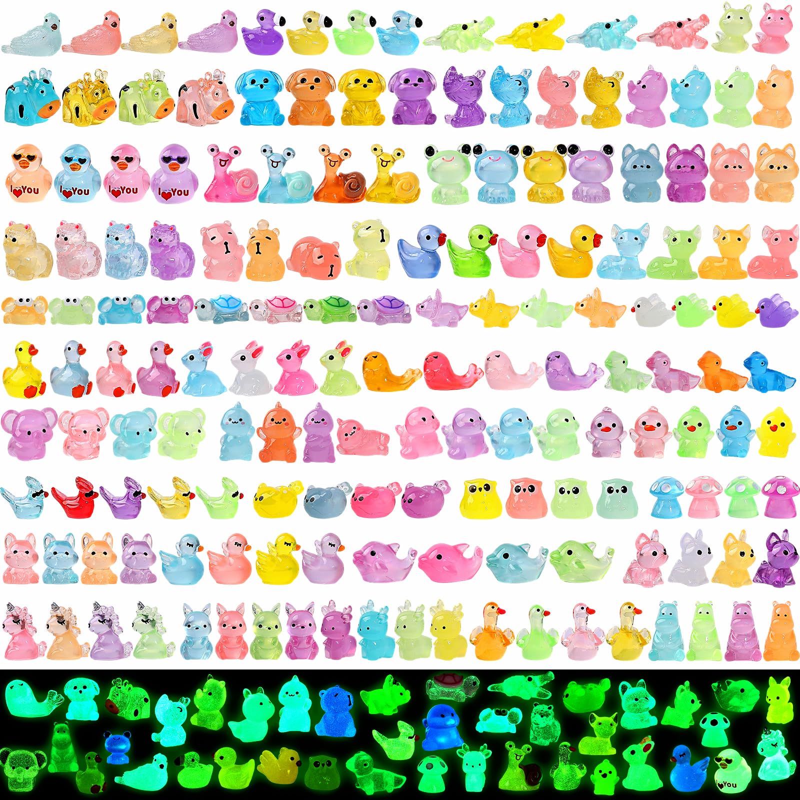 EKisemio 180PCS Mini Luminous Resin Animals, 41 Styles Tiny Resin Animal