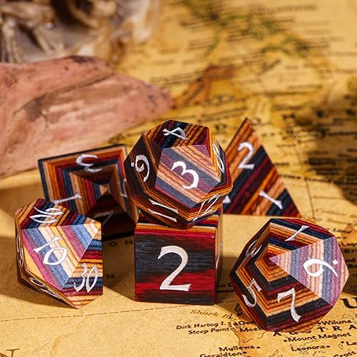 Miniatura 10 de HDdais Dados DND de madera, juego de 7 dados poliédricos con caja de hierro, dados RPG D&D hechos con madera para juegos de rol MTG Dungeons and