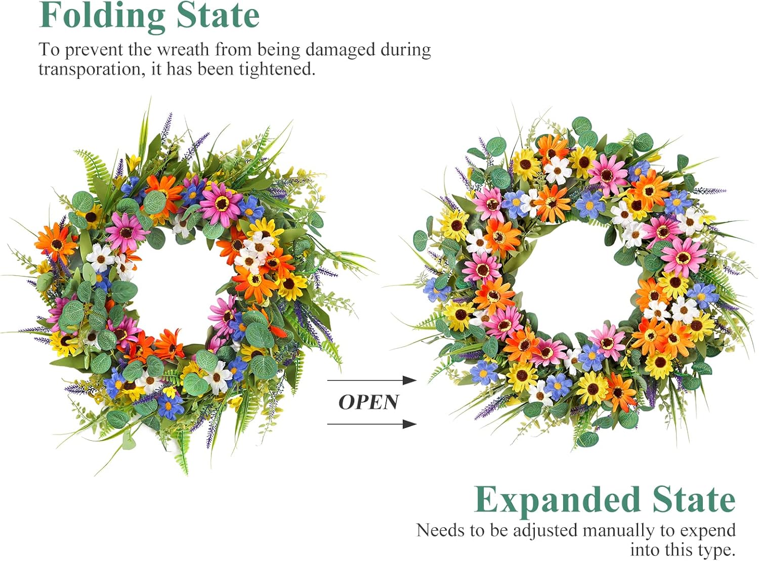 Dremisland 22 Inch Colorful Daisy Wreath Spring Summer Wildflower Wreath with Green Eucalyptus Leaves for Front Door Artificial Floral Wreaths Window Wall Farmhouse Wedding Party Festival Decor