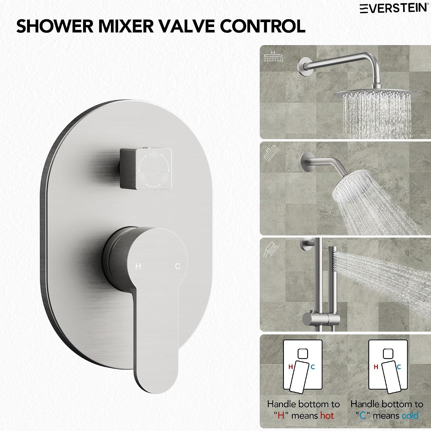 Wall Mount 10" High-Pressure Rainfall Shower Faucet with Slide Bar, Dual Rainfall Shower Head System with Valve (Brushed Nickel)