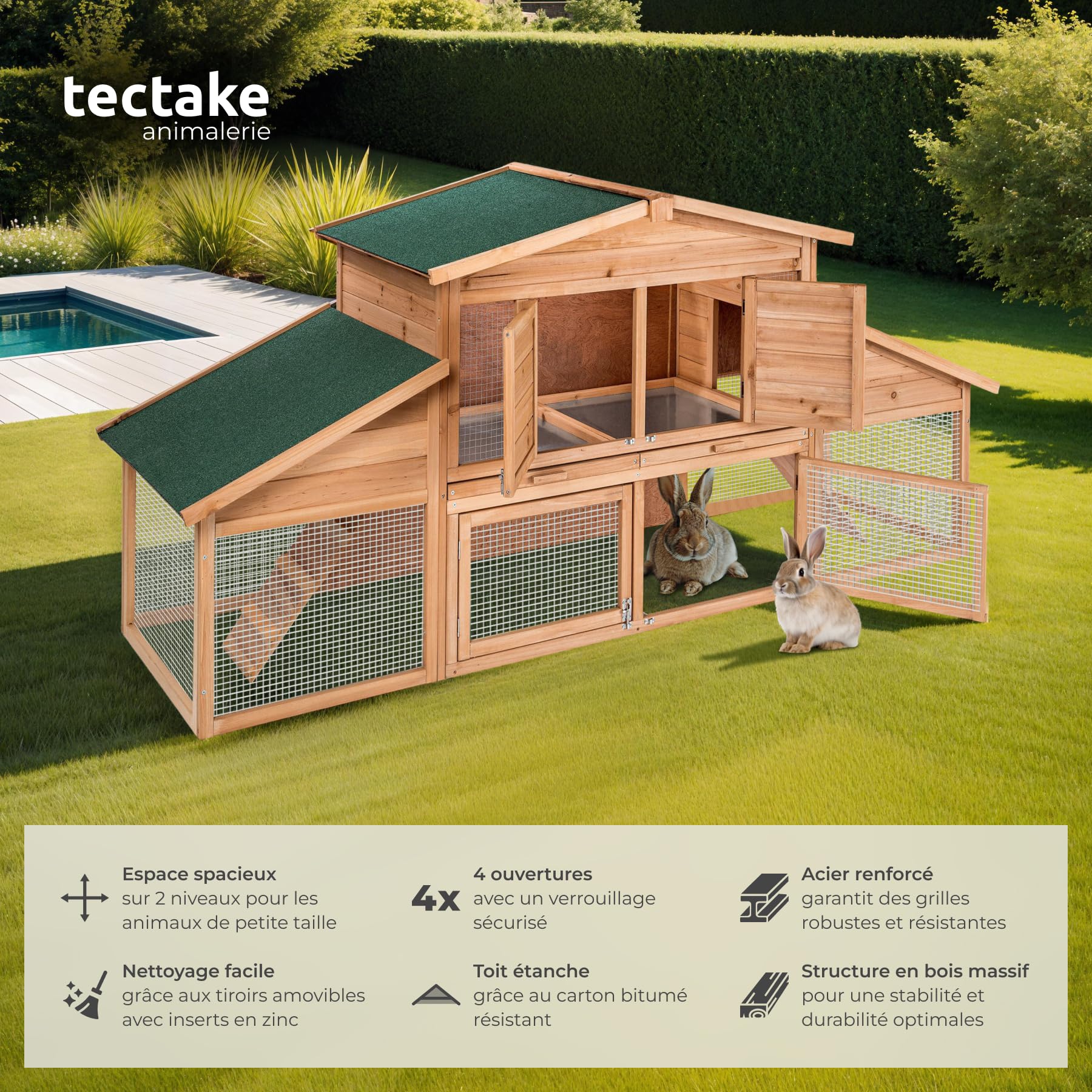 tectake® Clapier Lapin Exterieur Cage Lapin & Autres rongeurs Poulailler pour Poules en Bois imperméable avec Parc XXL au Sol sans Fond et 2 Tiroirs à déjection, 4 Portes verrouillables