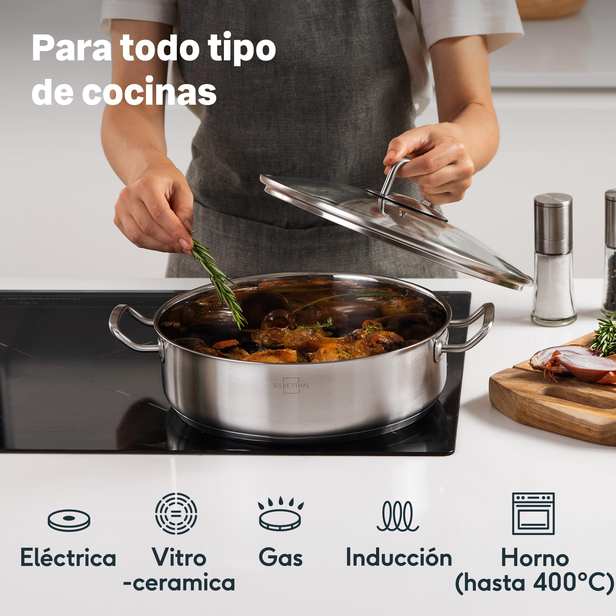 SILBERTHAL Cacerola baja 28 cm inox - Inducción gas y horno, con tapa | Rustidera acero inoxidable sin PFOA y PFOS - Cazuela con tapa de cristal - Sin antiadherente - Gran capacidad