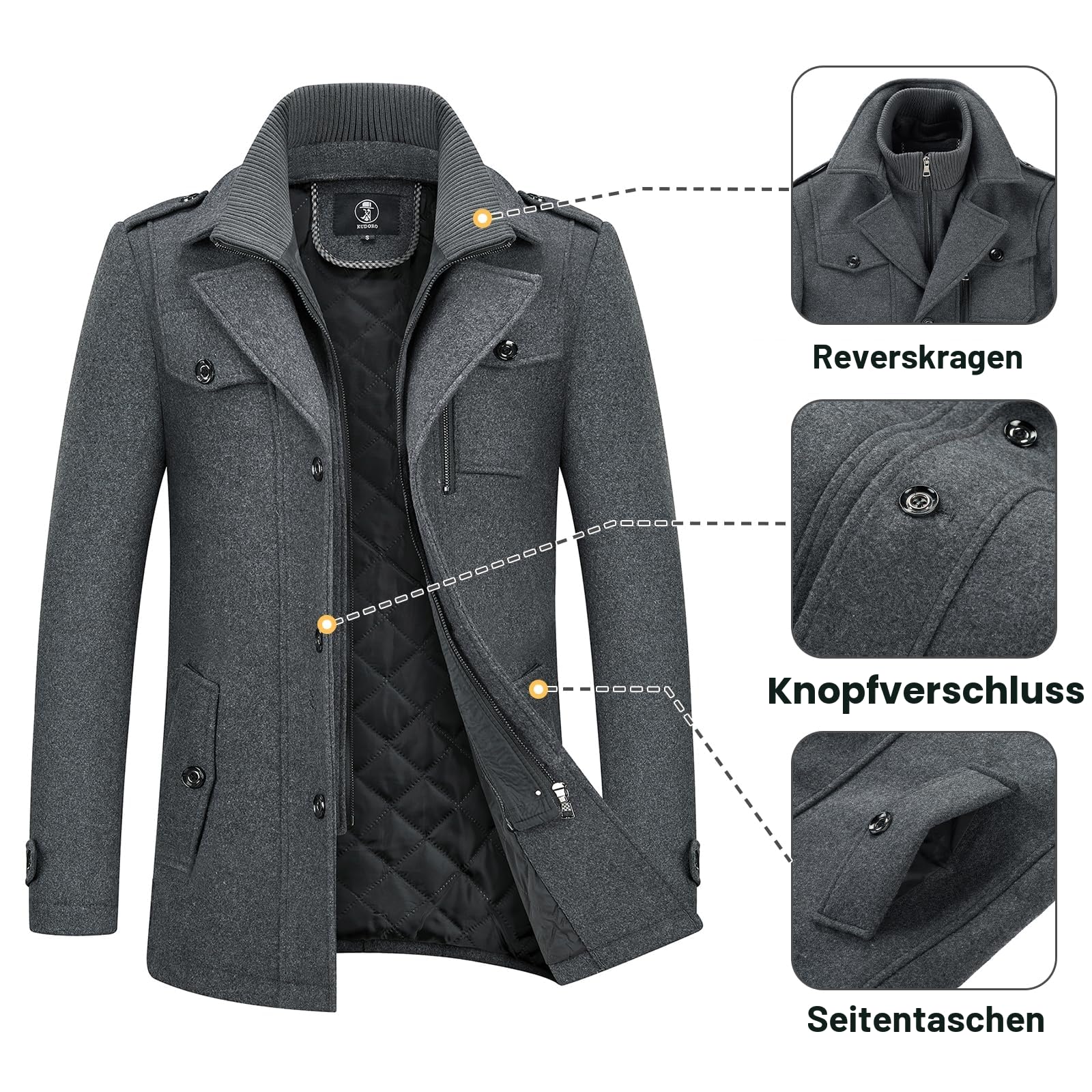 KUDORO Herren Wintermantel Wolle Kurzmantel Herren Wollmantel Mittellang Slim Fit für Business Freizeit Peacoat Herren Casual