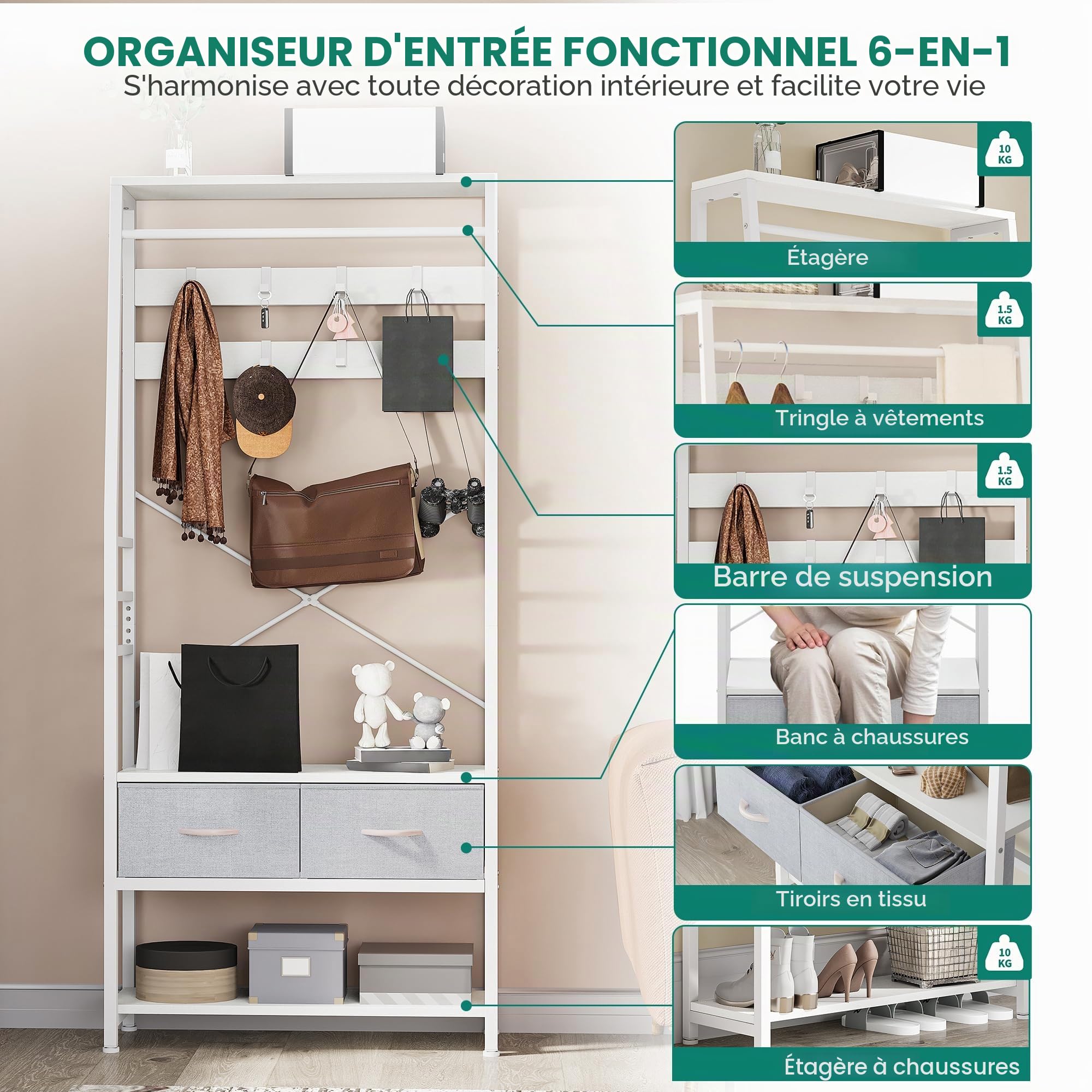 YITAHOME Porte-manteau avec rangement à chaussures, arbre d'entrée autonome avec banc et 2 tiroirs pliables, porte-manteaux industriel avec 8 crochets pour couloir, cadre en métal, Blanc