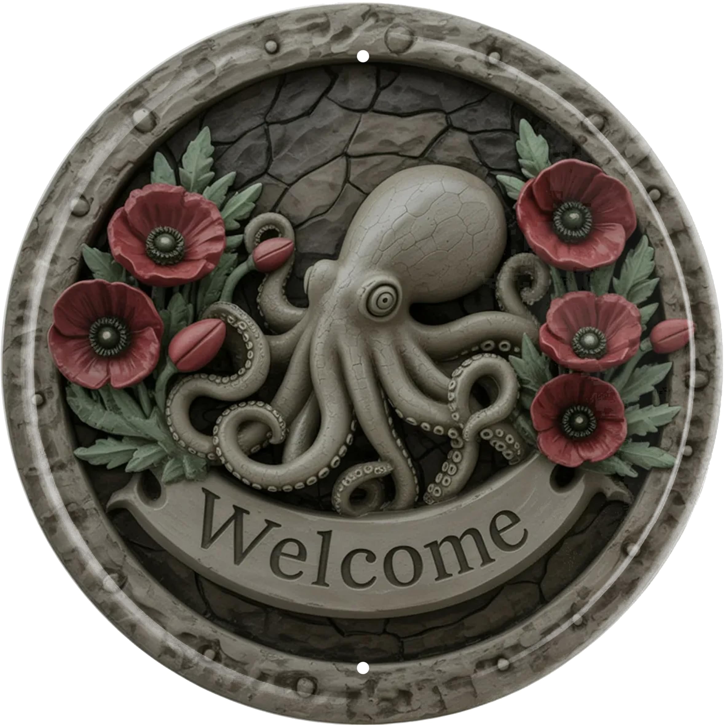 Welcome Octopus Metal Sign 8x8in Round Coastal Plaque for Beach House Wall Decor Ocean Gift