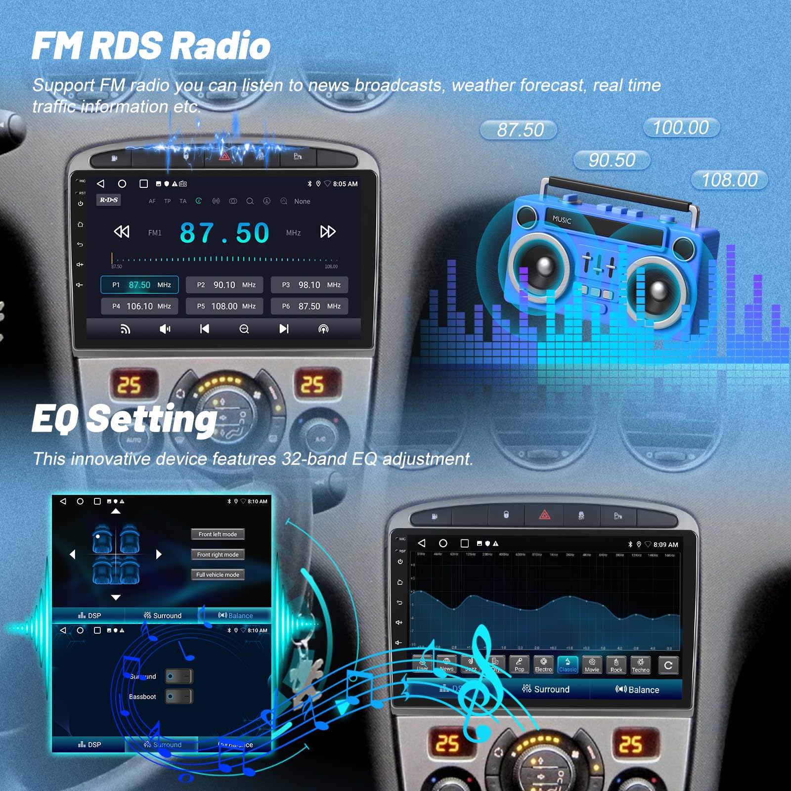 Autoradio pour Peugeot 308 408 2007-2015, [2G+64G] Autoradio Android à Écran Tactile avec sans Fil Carplay et Android Auto/Bluetooth/WiFi/Bluetooth/EQ/FM RDS Radio