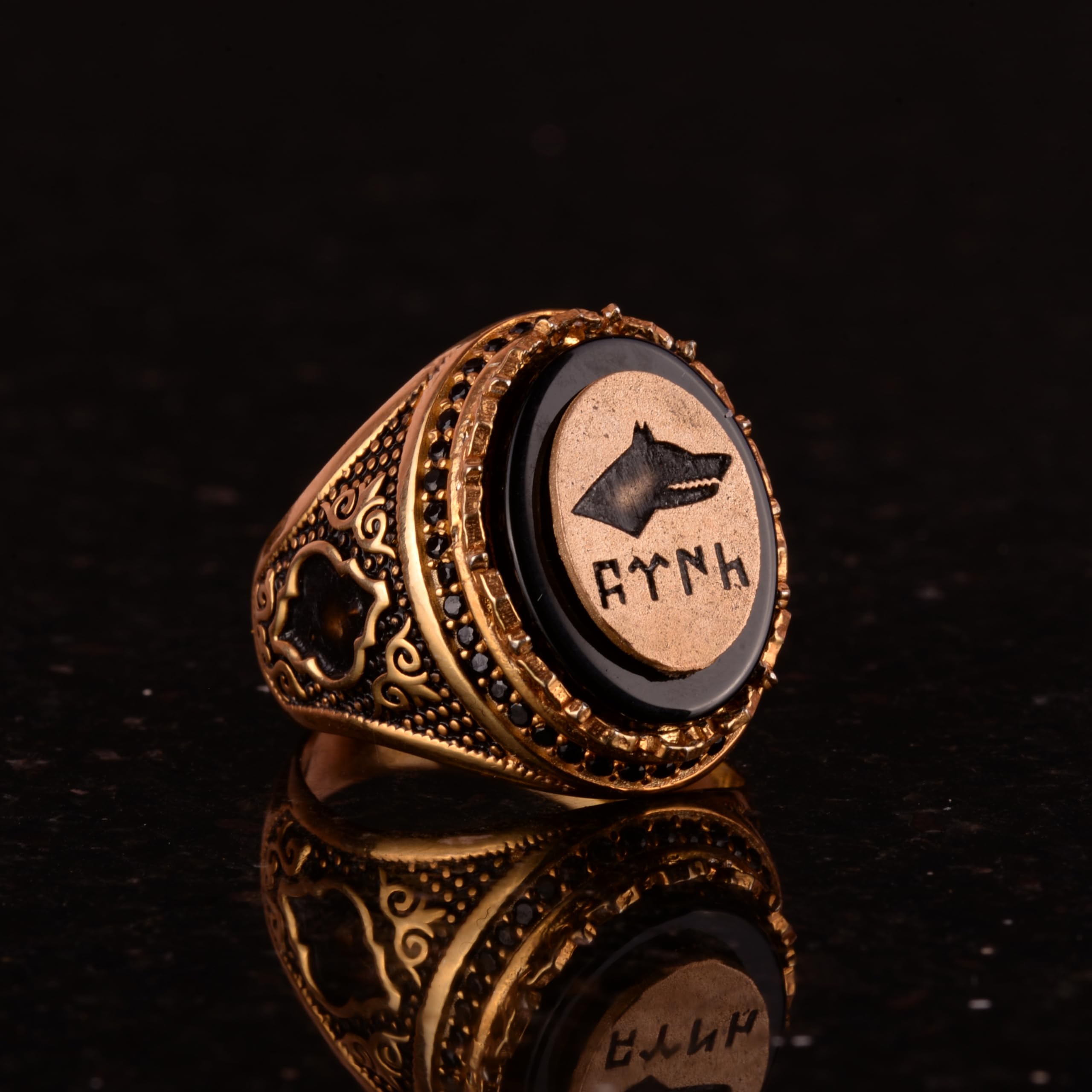 KAMBO Gokturk Ring aus 925er Sterlingsilber, grauer Wolf, handgefertigter Vintage-Stil, Herrenschmuck, Sterlingsilber, Obsidian, Sterling Silber, Obsidian