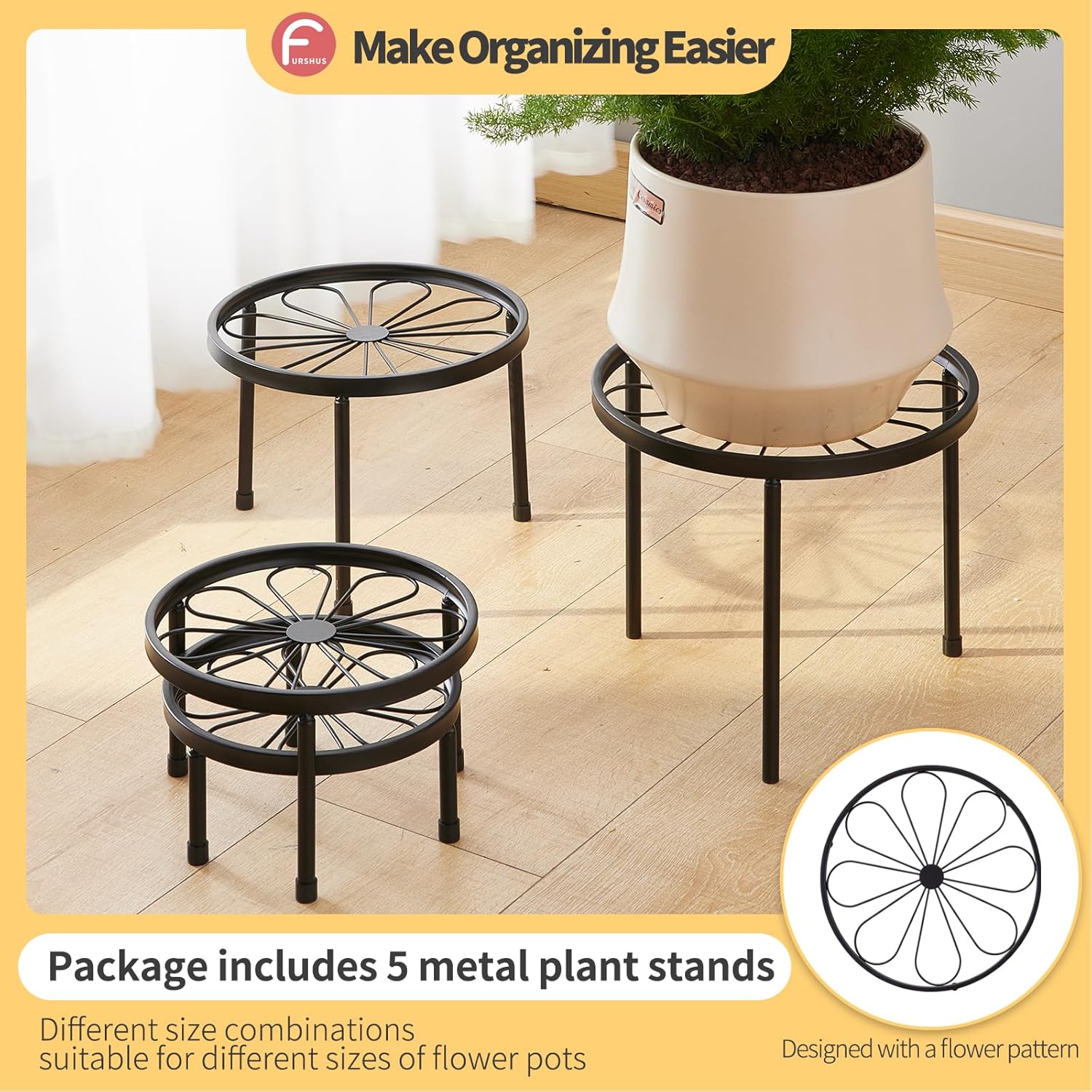Plant Stand,5 Pack Heavy Duty Flower Pot Stands,Metal Decoration Racks,Round Plant Shelf for Planter Outdoor and indoor (Black)