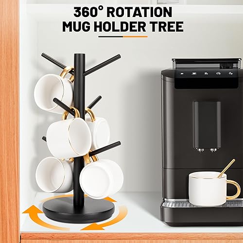 Miniatura 2 de MyLifeUNIT Soporte para tazas, soporte giratorio de 360 para tazas de café con 6 ganchos, organizador de madera para encimera, accesorios de barra