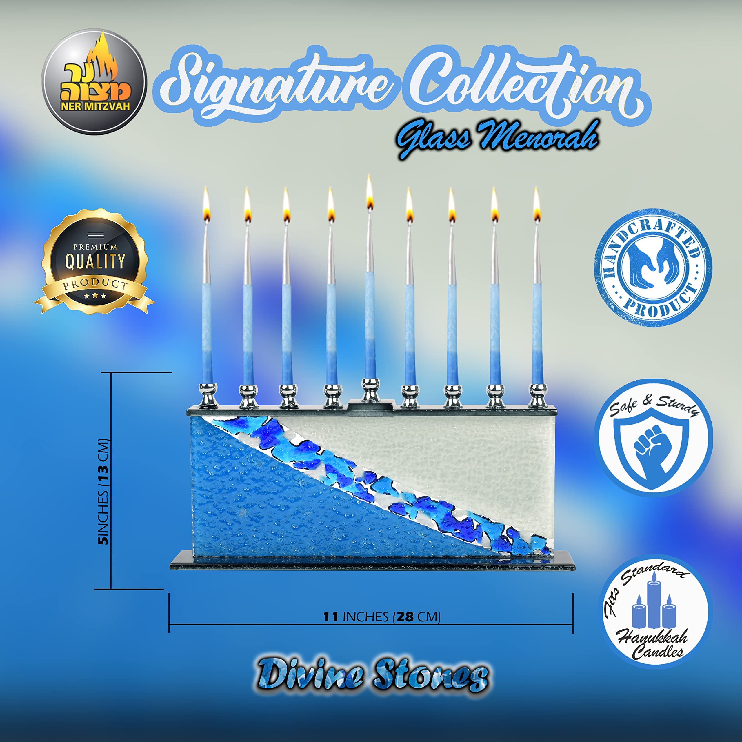 Hanukkah Menorah en Verre - Bleu et Blanc Menorah Hanouka - des Pierres - Convient à Toutes Les Bougies Hanouka Standard - Menorah en Verre Peint Fabriqué à La Main