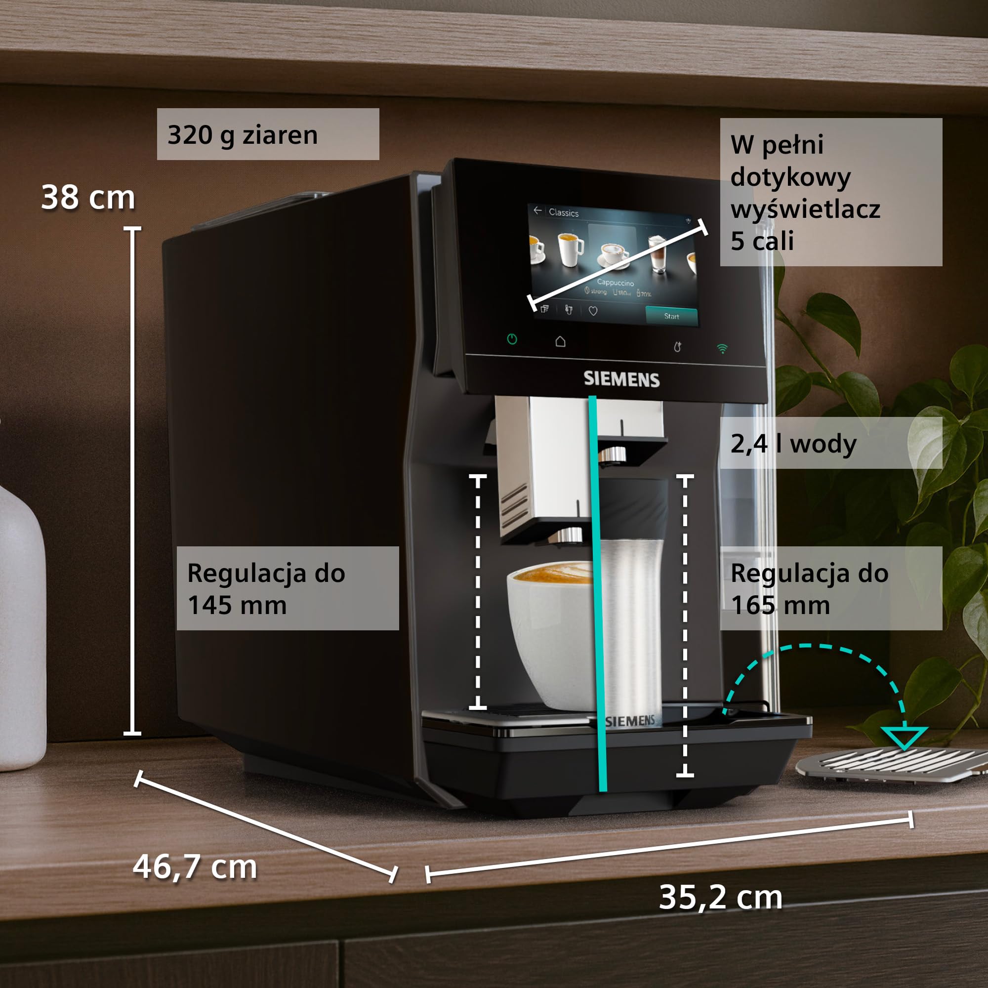 Siemens, automatyczny ekspres do kawy, EQ700 iAroma, wyświetlacz dotykowy, Cold Brew i Slow Brew, aplikacja Siemens Home Appliances, odcień morning haze, TP725E01