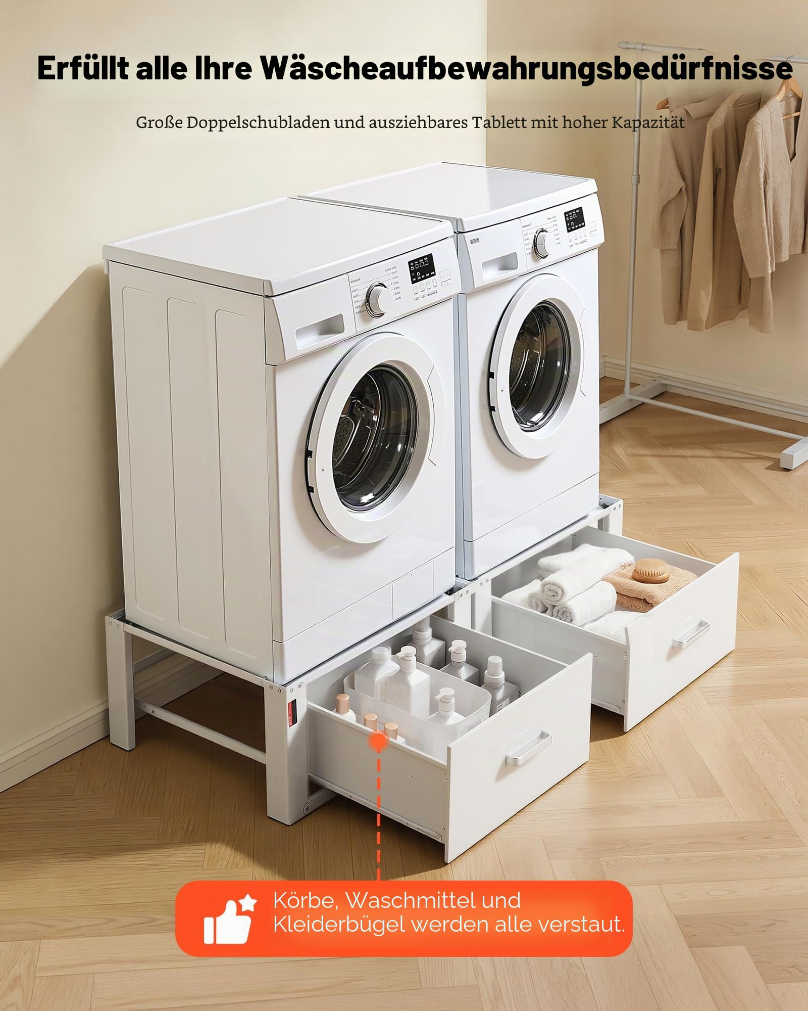 VEVOR Waschmaschinen Untergestell, 290 mm Hoch, Waschenmaschinenerhöhung mit Schublade, Tragkraft 150 kg, Rutschfeste Füße, Stahl-Trocknersockel, Podest, Universell Passend, Weiß, 2er-Pack