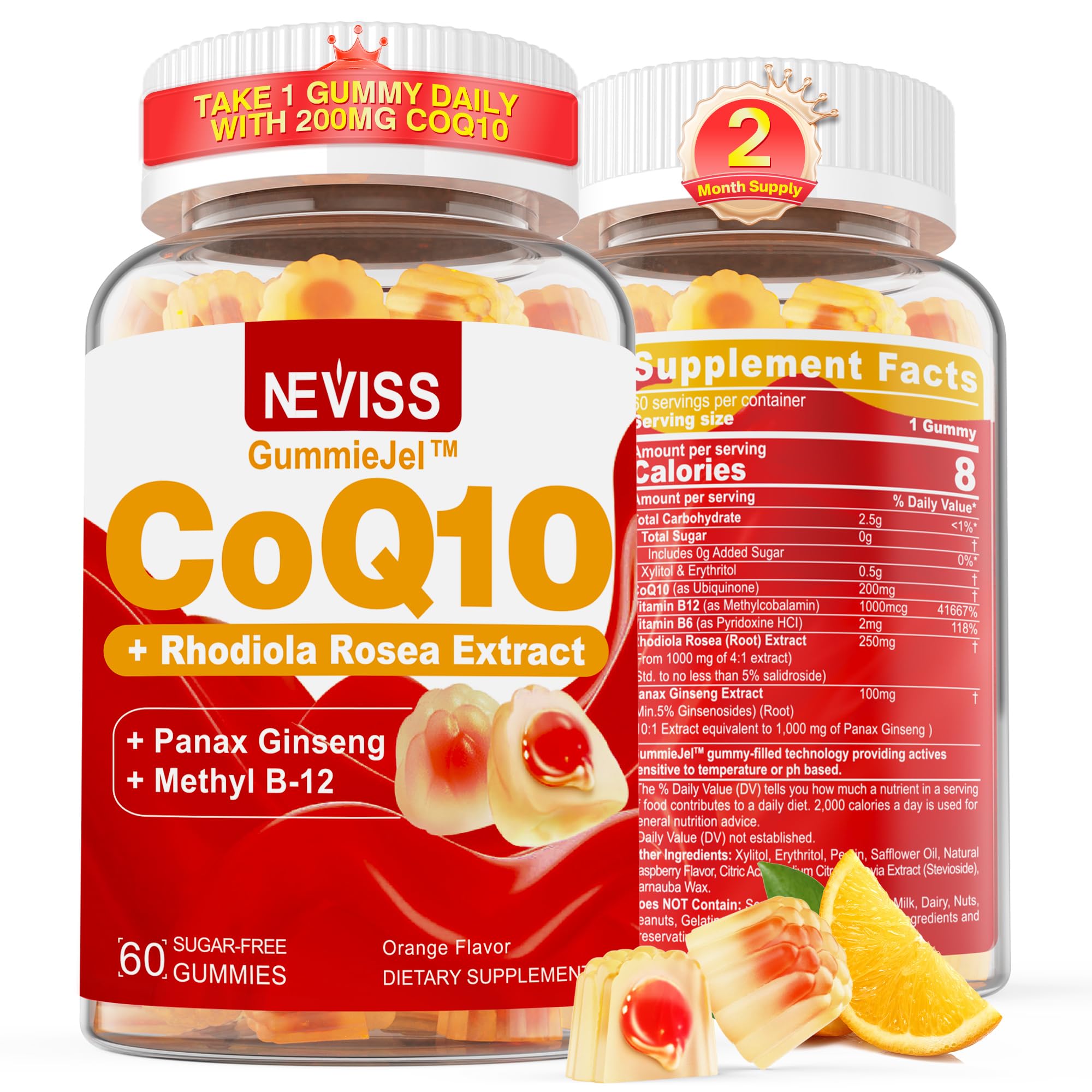 Sugar Free CoQ10-200mg 400mg Filled Gummies - 2 Months Supply - w/ Vitamin B12 1000mcg, Rhodiola Rosea & Panax Ginseng, B6, Coenzyme Q10 Supplement