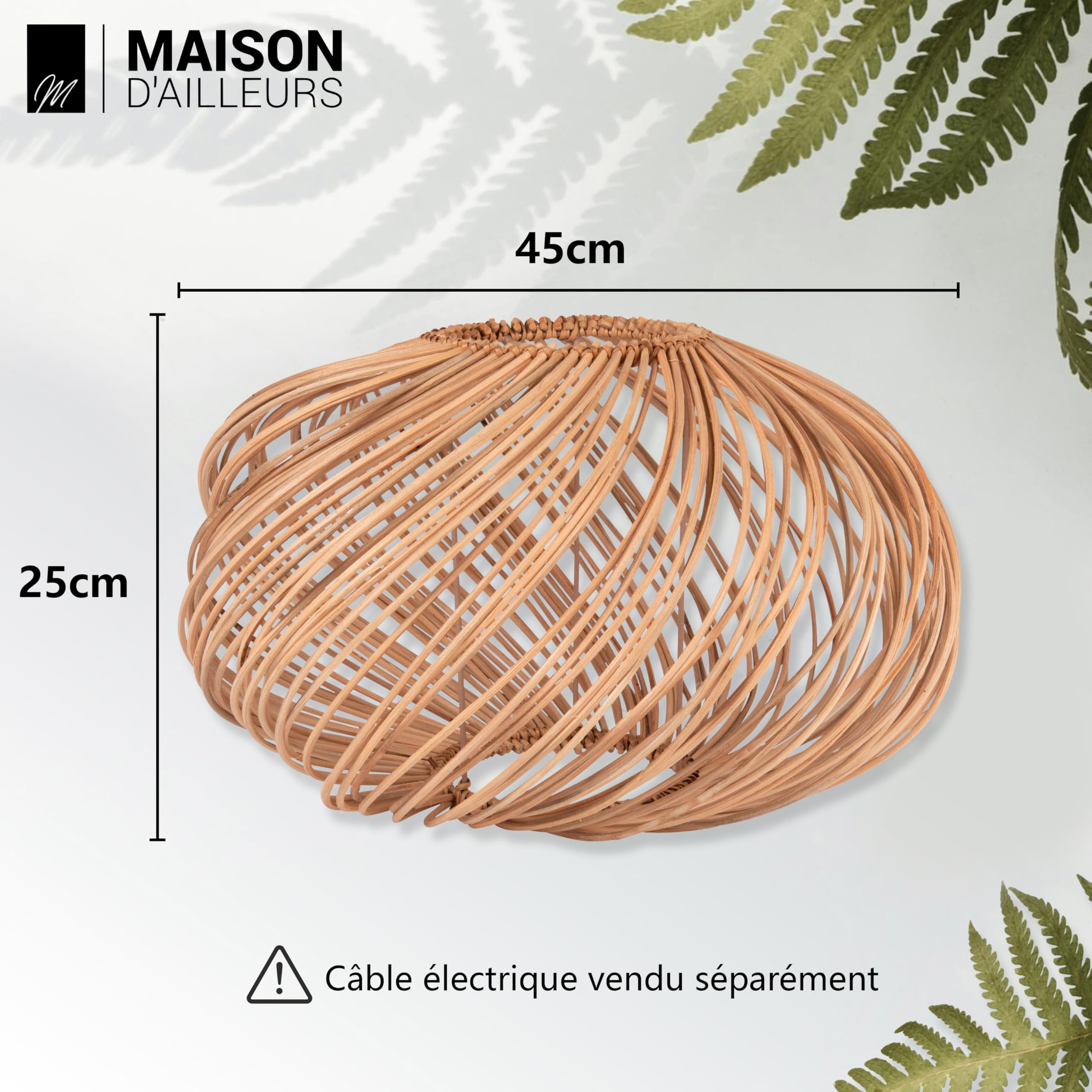Maison d'Ailleurs - Paralume in rattan naturale, diametro 45 cm, non elettrificato, lampada a sospensione in stile bambù per soffitto, lampadario o lampada da terra