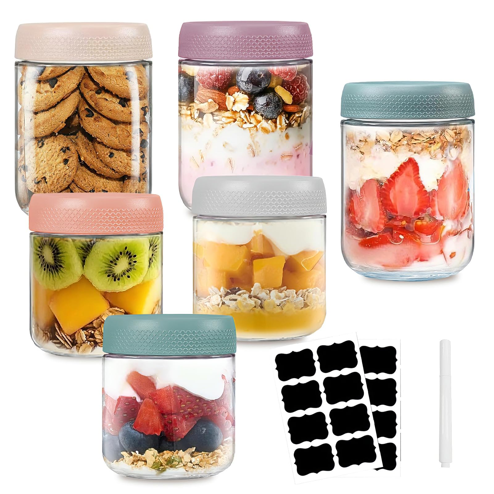 Set di 6 barattoli per overnight oats (300ml+500ml), Barattoli Vetro Ermetici con Coperchio, Vasetti Yogurt per Conservare l'avena, Yogurt, Cereali, Marmellate, Budino, Alimenti Bambini