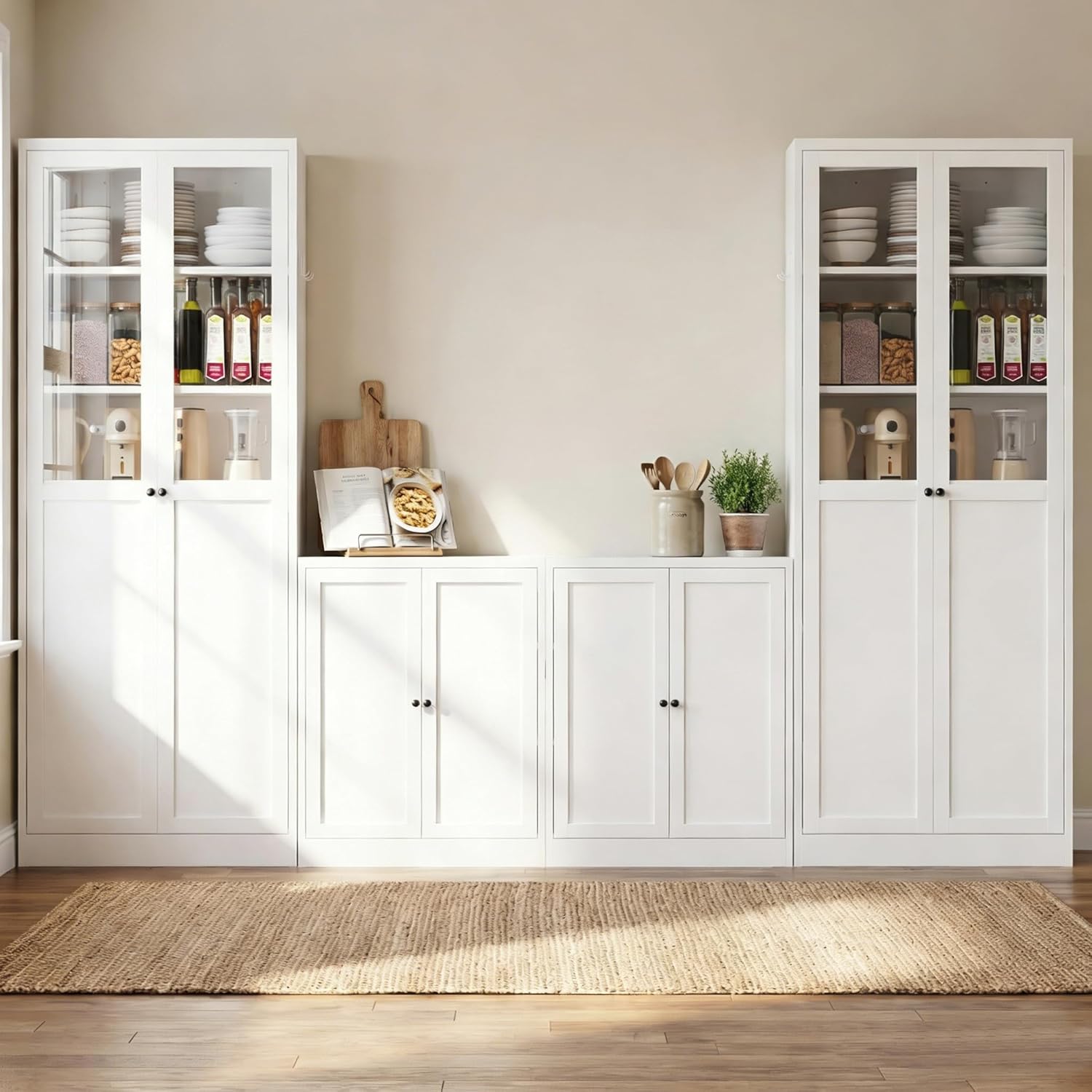 4-Piece Modern Metal Sideboard and Pantry Set,Built in Cabinets for Living Room Kitchen Cabinet Set, Adjustable Shelves, White