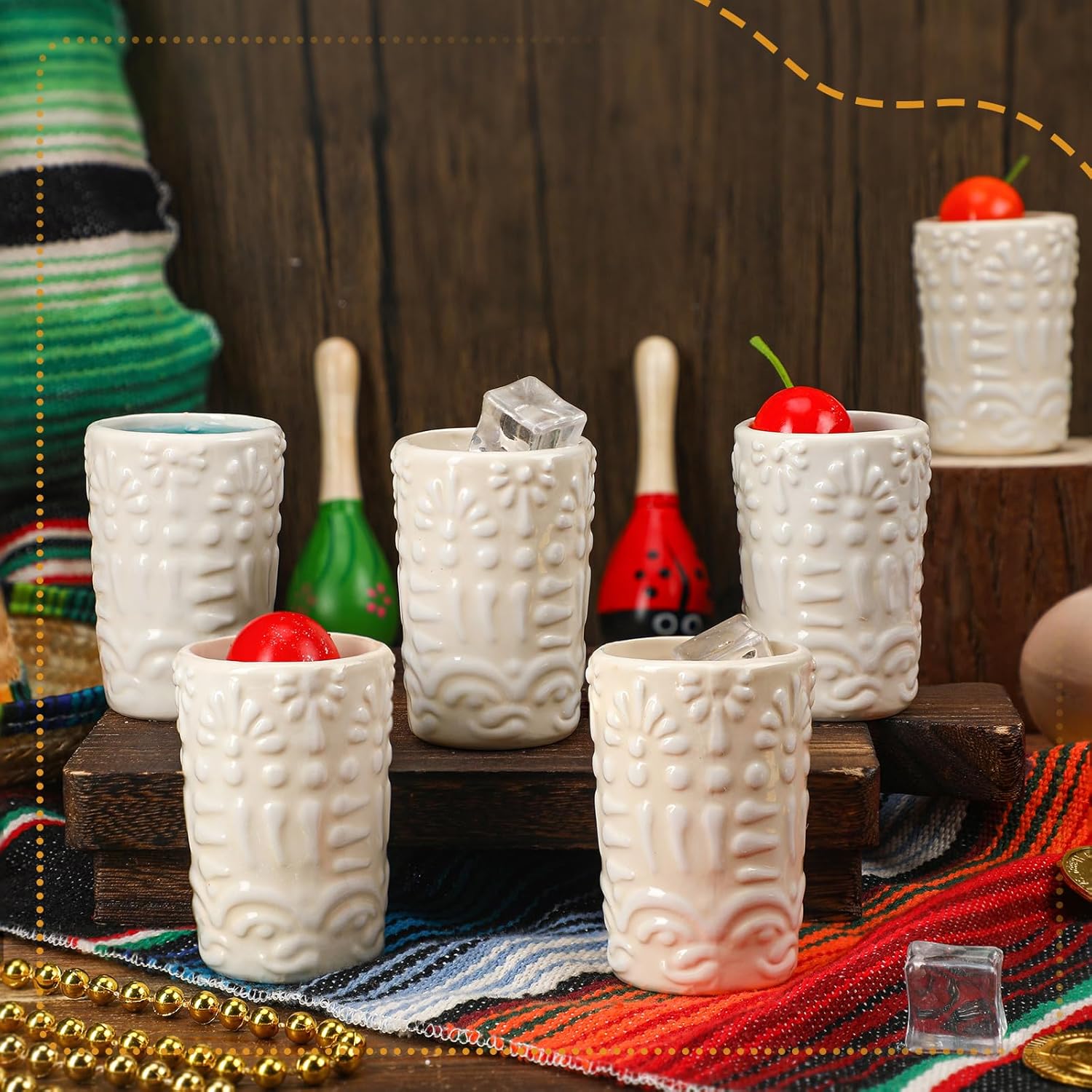 Roshtia 6 Pcs Mexican Tequila Shot Glasses Set 2 oz Talavera Shot Glasses Handmade Ceramic Cups with White Decoration Mexican Pottery Gift Mugs for Tequila Lover Bachelorette Party(White) - Image 4