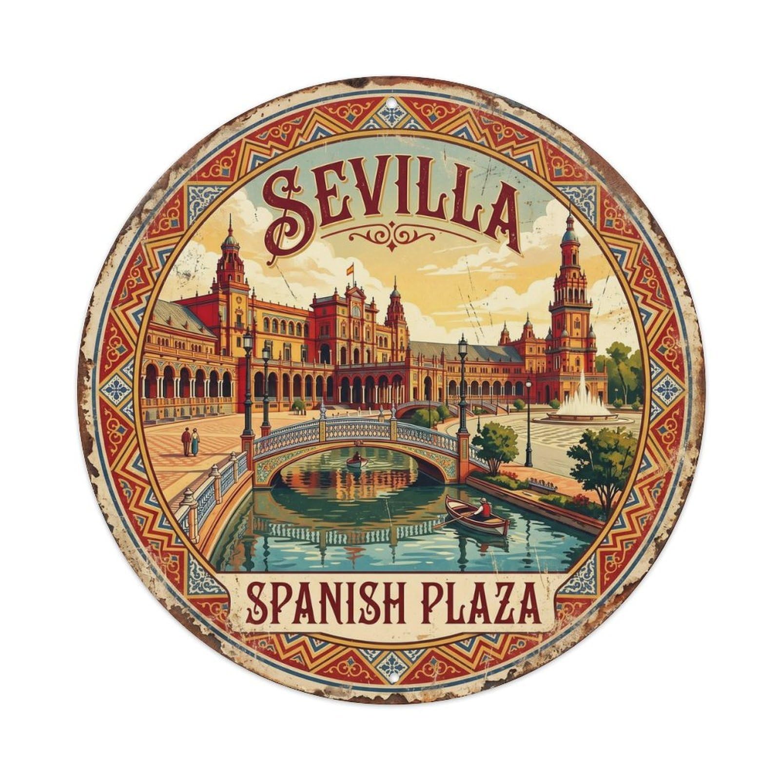 Vintage Travel Plaza Sevilla Spain Metal Tin Sign