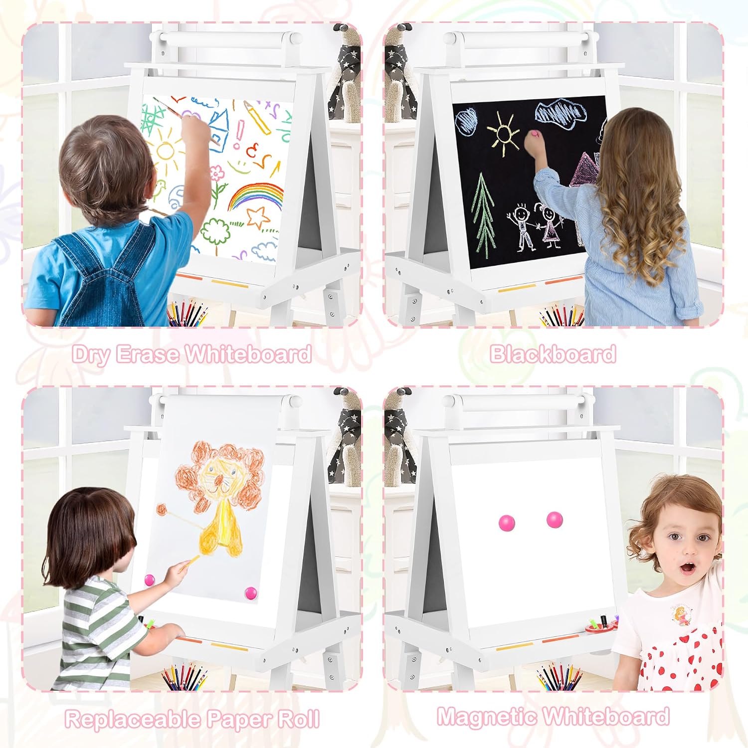 TODEFULL Art Easel for Kids, 3 in 1 Wooden Toddler Easel w/Magnetic Whiteboard, Chalkboard & Paper Roll, Standing Painting Easel with Shelves & 2 Storage Bins, for Boys Girls, White