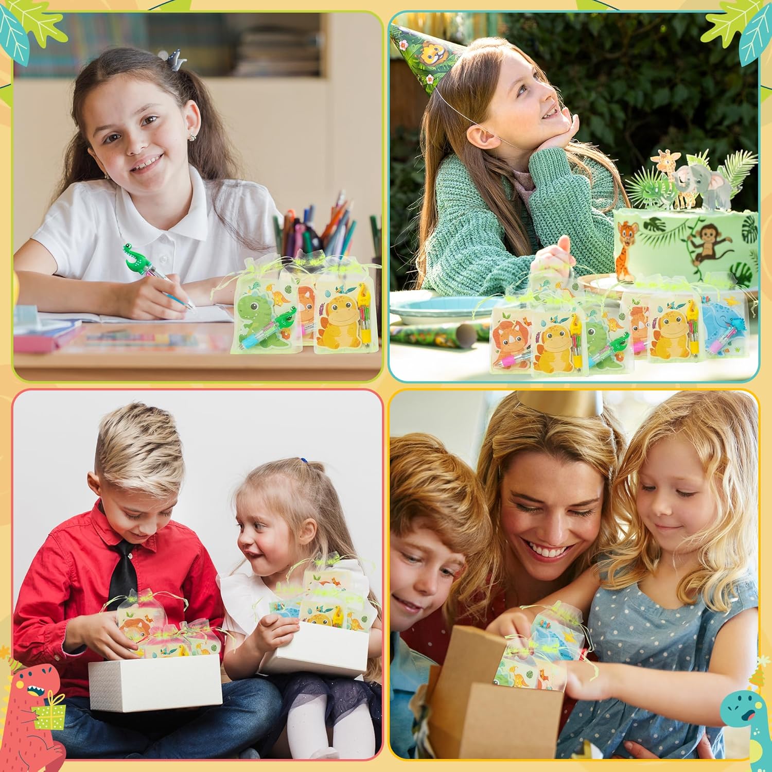 CY2SIDE Dinosaur Stationery Party Gift - 36 Pack Dino Stationery Gifts Set Include 4-in-1 Ballpoint Pens Sticky Notes Stickers and Organza Animal Party Favors Goodie Bag Fillers for School Rewards