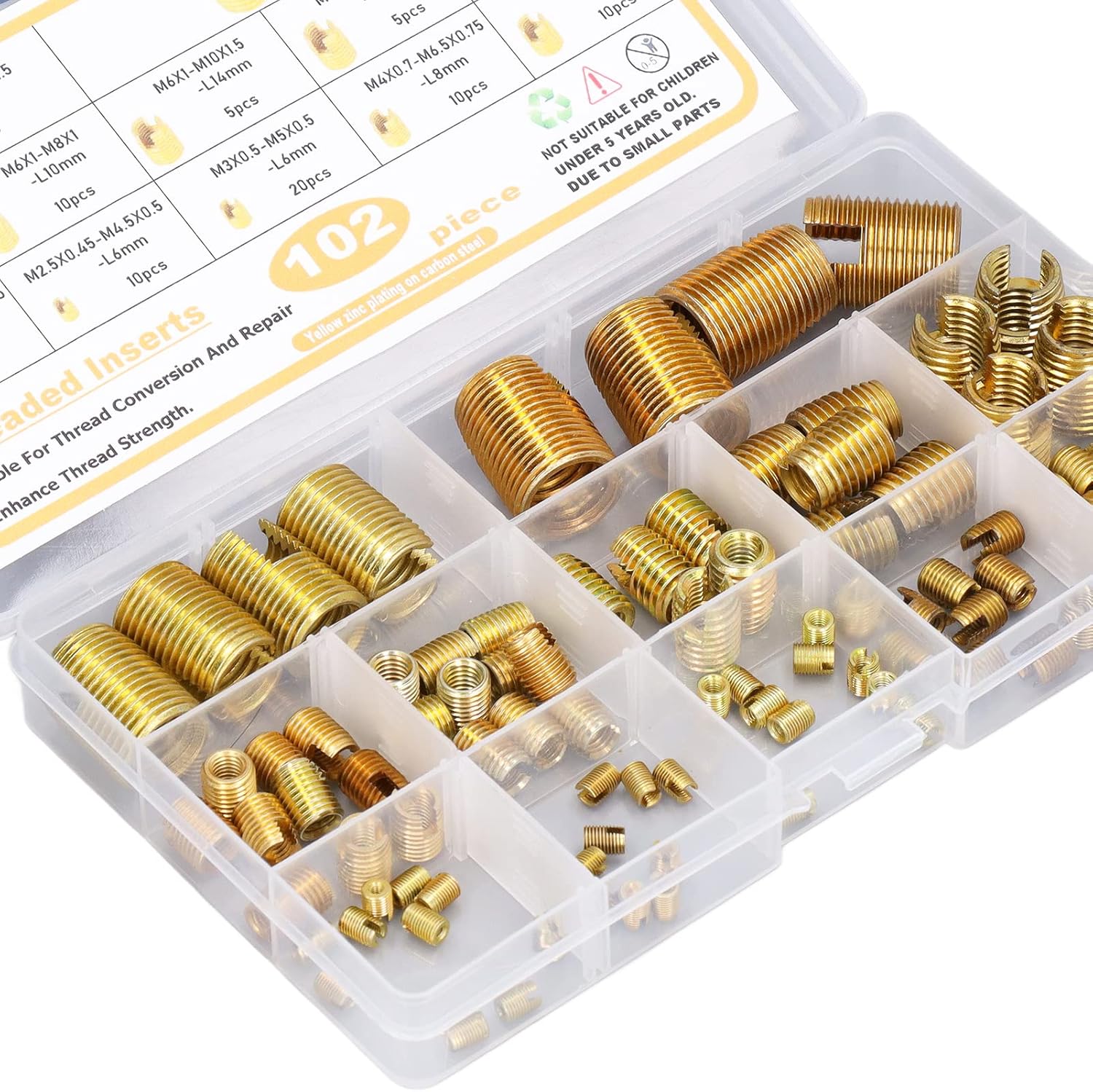 102PCS Self Tapping Thread Inserts Kit, M2-M14 High Carbon Steel Slotted Thread Inserts with Storage Case, Reinforce Repair Tool Assortment Kit