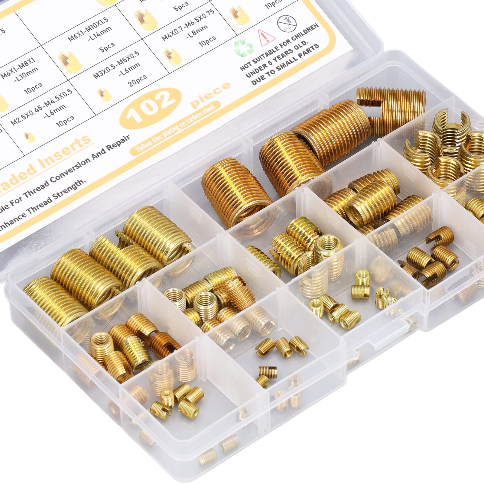 102Pcs M2 M14 Self Tapping Thread Inserts Set, High Carbon Steel, Quick and Easy Installation, Reinforced Repair Tool for Wood, Aluminum, Cast Iron, with Storage Box