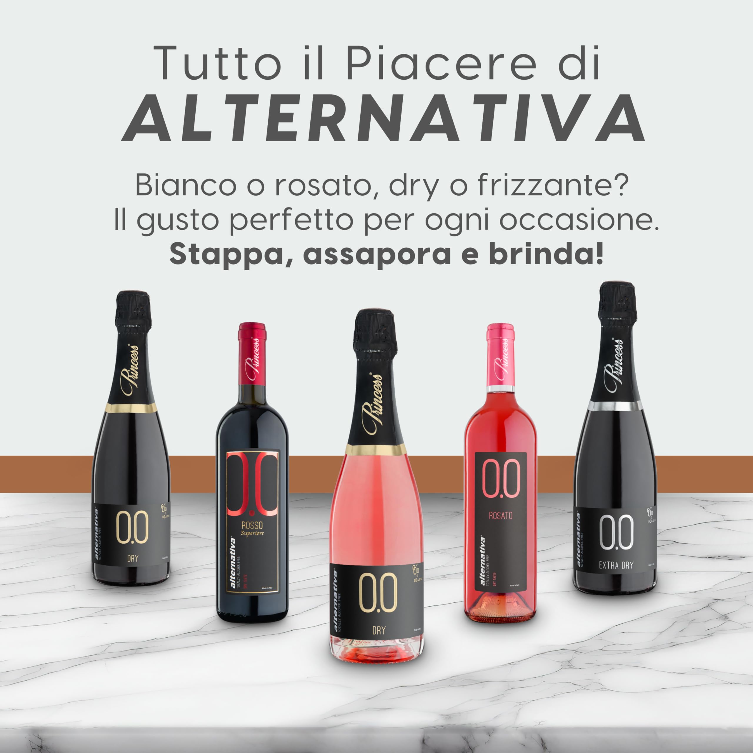 ALTERNATIVA Rosato Dry Frizzante Analcolico 0.0% - Bollicine Senza Alcol, Dealcolato Italiano - Ideale per Celebrazioni e Regali - Confezione da 6 Bottiglie da 750ml Alcool Free