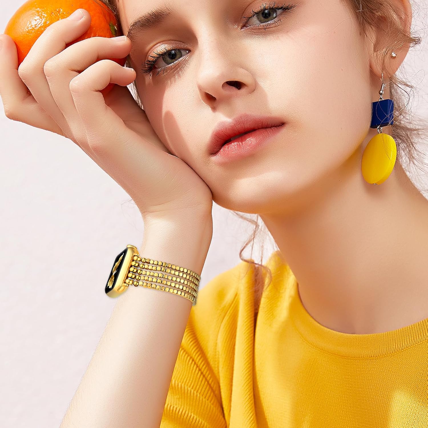 fastgo Gold Beaded Bracelet Band Compatible with Apple Watch Band 41mm/40mm/38mm/44mm/45mm/42mm/49mm Women, Dressy Elastic Stretchy Beaded Strap for Iwatch Series 9 Ultra 8 7 6 5 4 3 2 1 SE(Gold) - Image 2