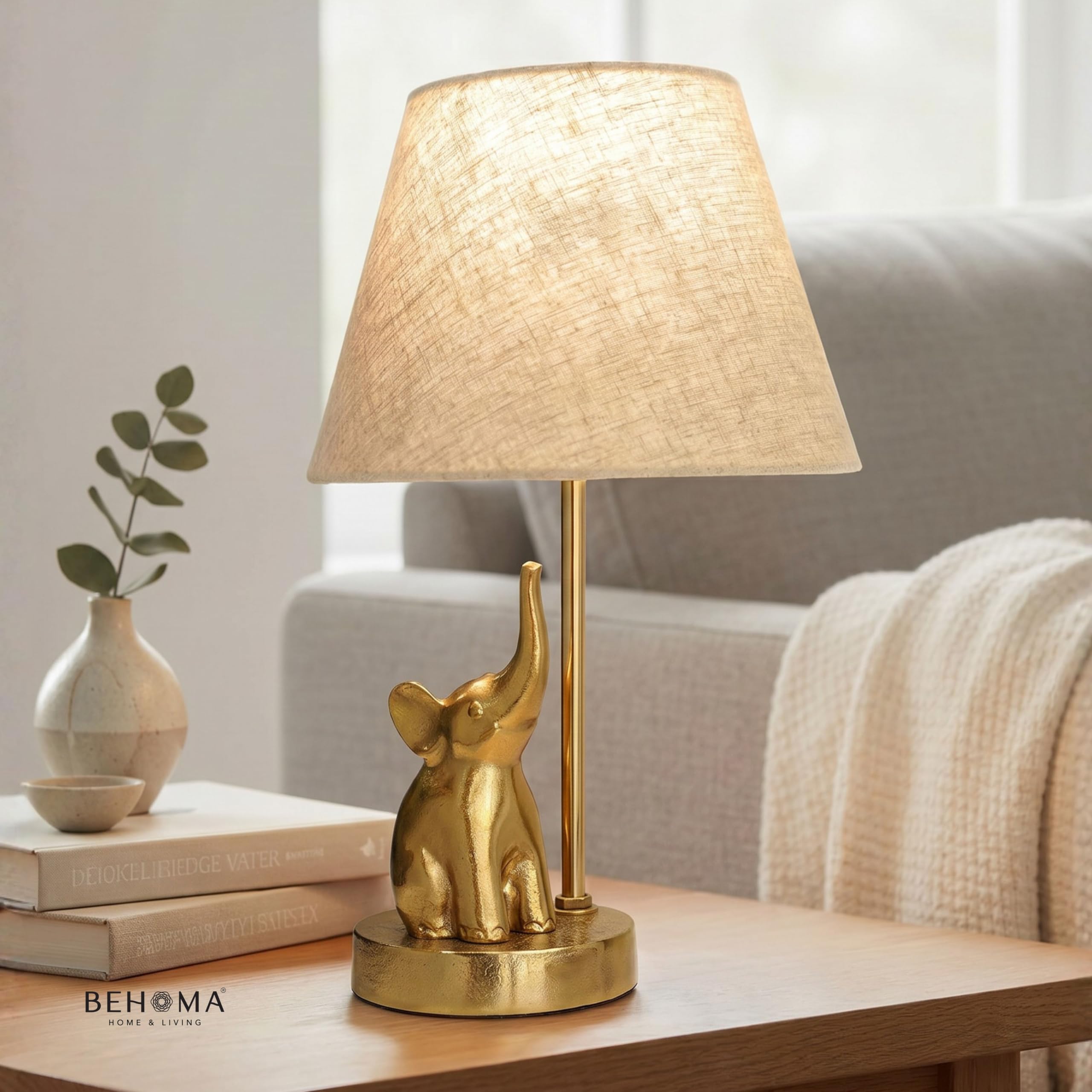 BEHOMA Luxury Elephant Figurine Table Lamp with Antique Gold Aluminium Base & Fabric Shade | Elegant Home & Office Decor | Gift for Men, Kids, Housewarming Anniversary & Birthday (Bulb Not Included)-image-33