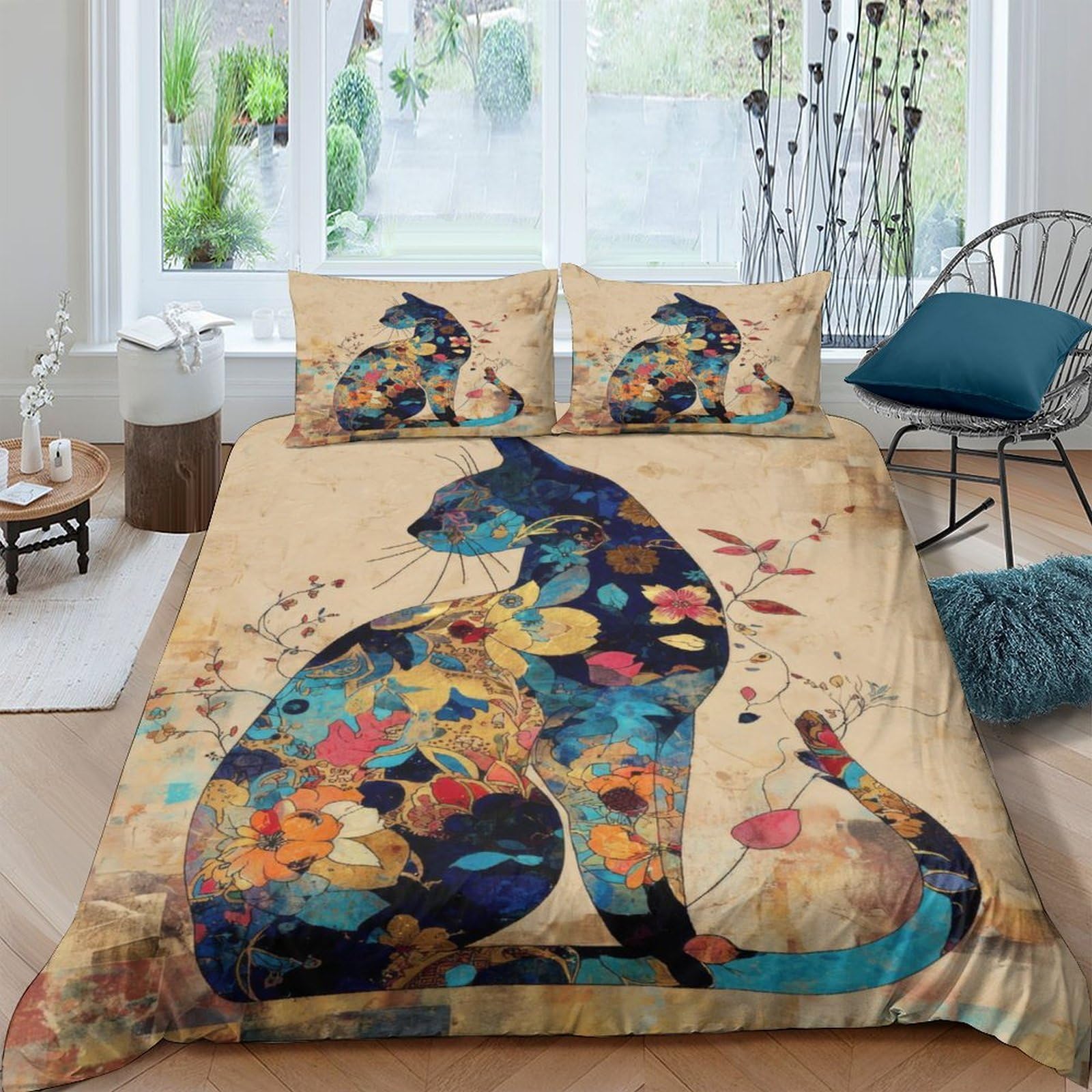 Ctjqhvkz Style-3 3D Printed Artistic Cat Fitted Sheet Microfiber Soft Colorful Floral Cat Mattress Cover For Bedroom Guest Room Decor Single（135X200cm）