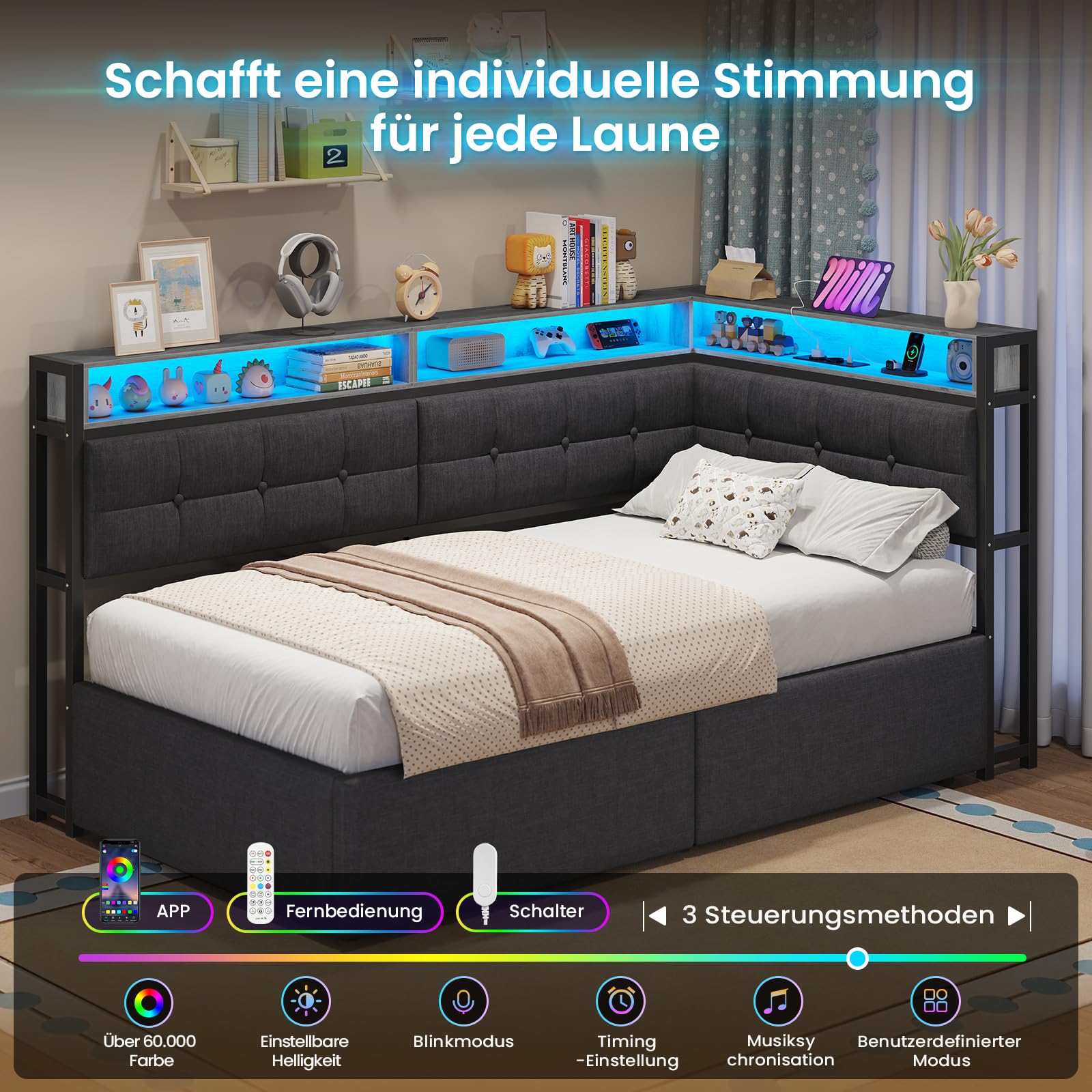 DICTAC Polsterbett 90x200 mit Stauraum, LED & Ladestation | Jugendbett 90x200 mit Hydraulischer Bettkasten, zweistöckiges Ablagefach |Tagesbett Einzelbett in Grau– für Kinder,Jugendliche & Erwachsene