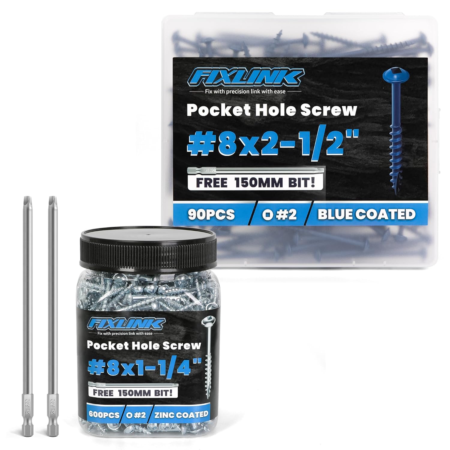 Pocket Hole Screws #8 X 1-1/4", 600 PCS and #8 X 2-1/2", 90 PCS Zinc Coated Pocket Hole Screws for Outdoor, Square Drive, 150MM Drive Bit Included