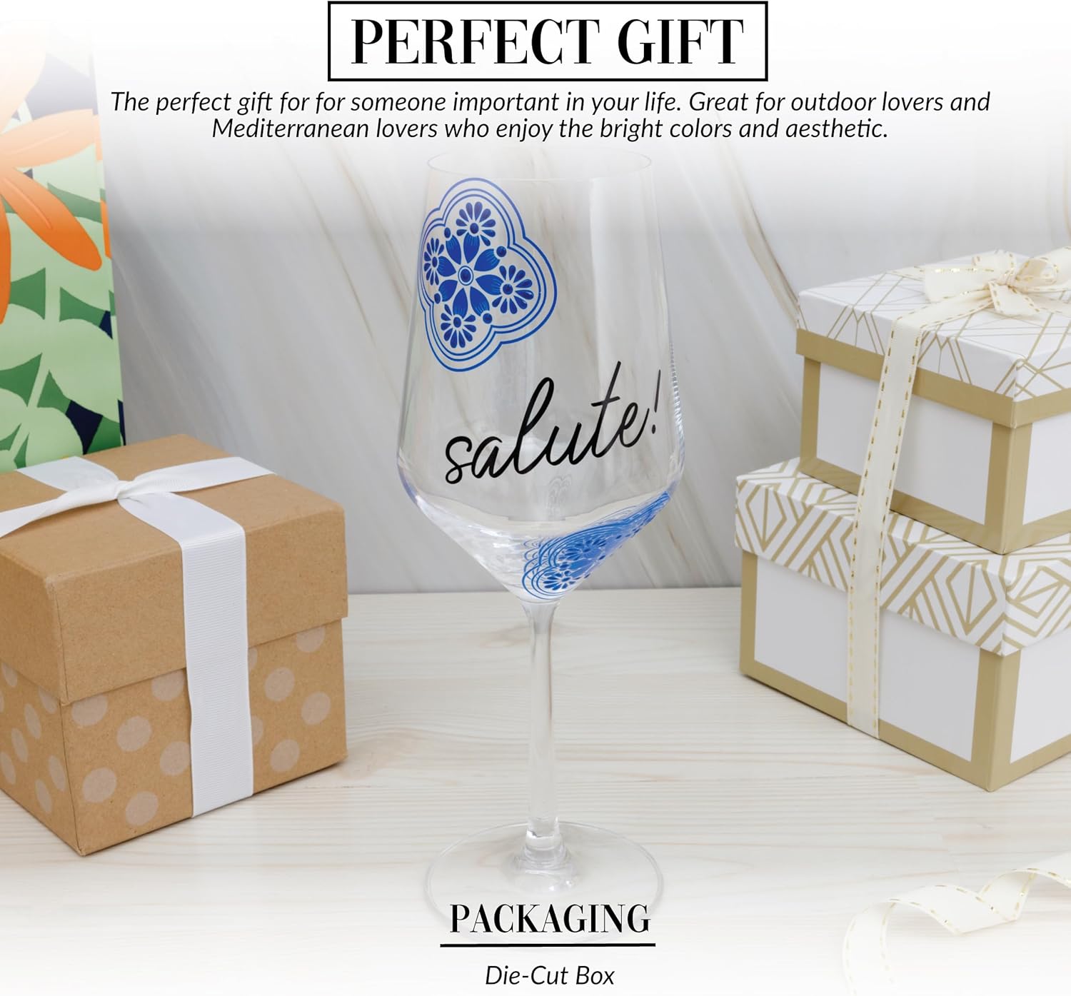 Pavilion Gift Company- Salute! - 16 oz Wine Glass Mediterranean Summer Vibrant Wine Lover Vineyard