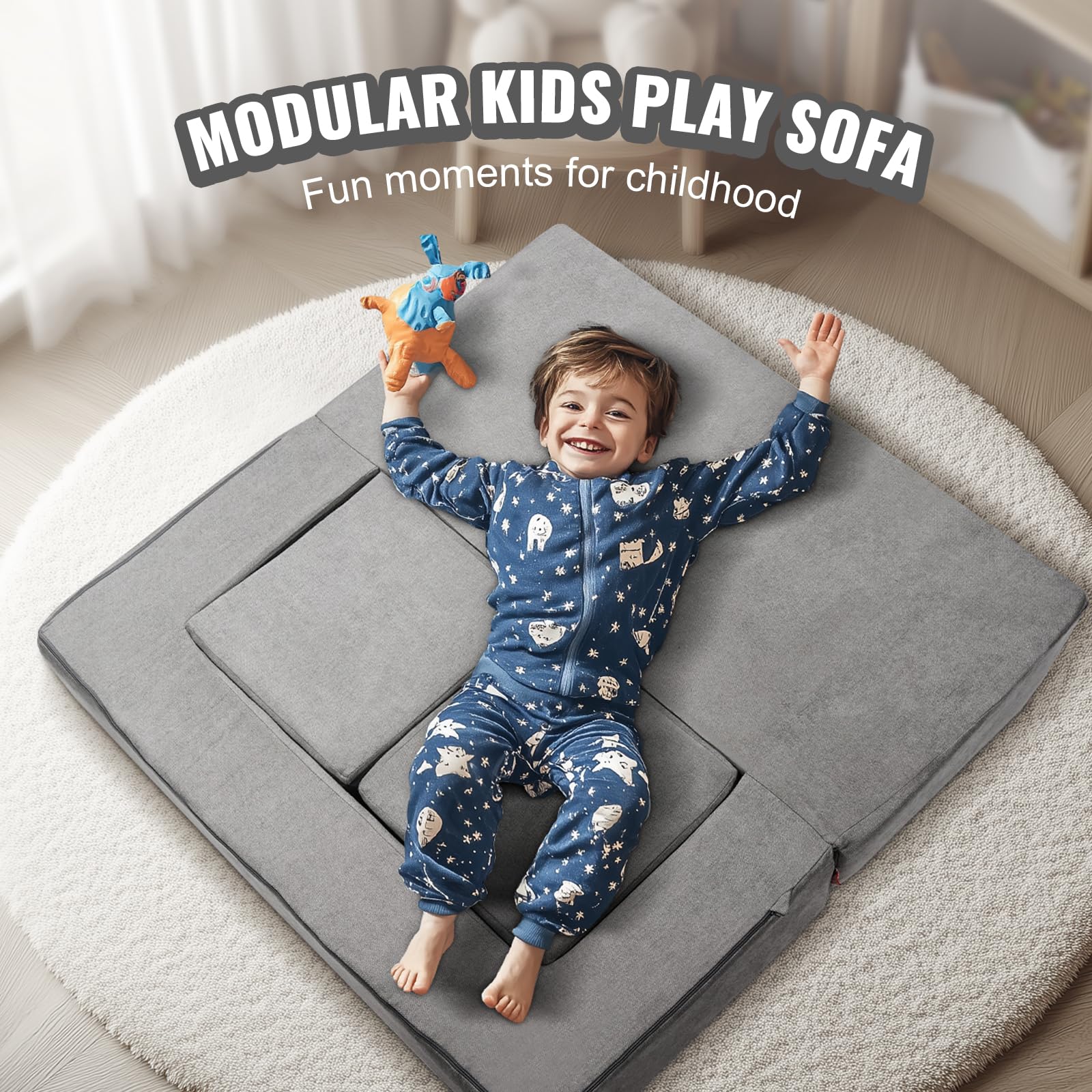 VEVOR Divano Modulare per Bambini 4 Pezzi, Divano Componibile per Bambini con Fodera Rimovibile, Sedia Schiuma Fai da Te, Mobili Creativi per Sala Giochi per Bambini Piccoli che Leggono, Grigio Scuro