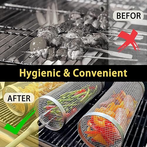 Miniatura 3 de Paquete de 2 cestas grandes para barbacoa rodantes, cestas de malla de acero inoxidable, cestas cilíndricas para asar, barbacoaparrillacocina al