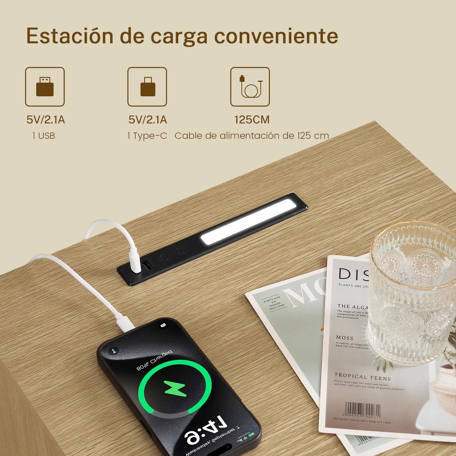 TEENFON Juego de 2 Mesitas de Noche Acanaladas con Enchufe y USB, Mesa Auxiliar con Luz LED, 1 Cajón y Compartimento Abierto, para Dormitorio, Madera Natural