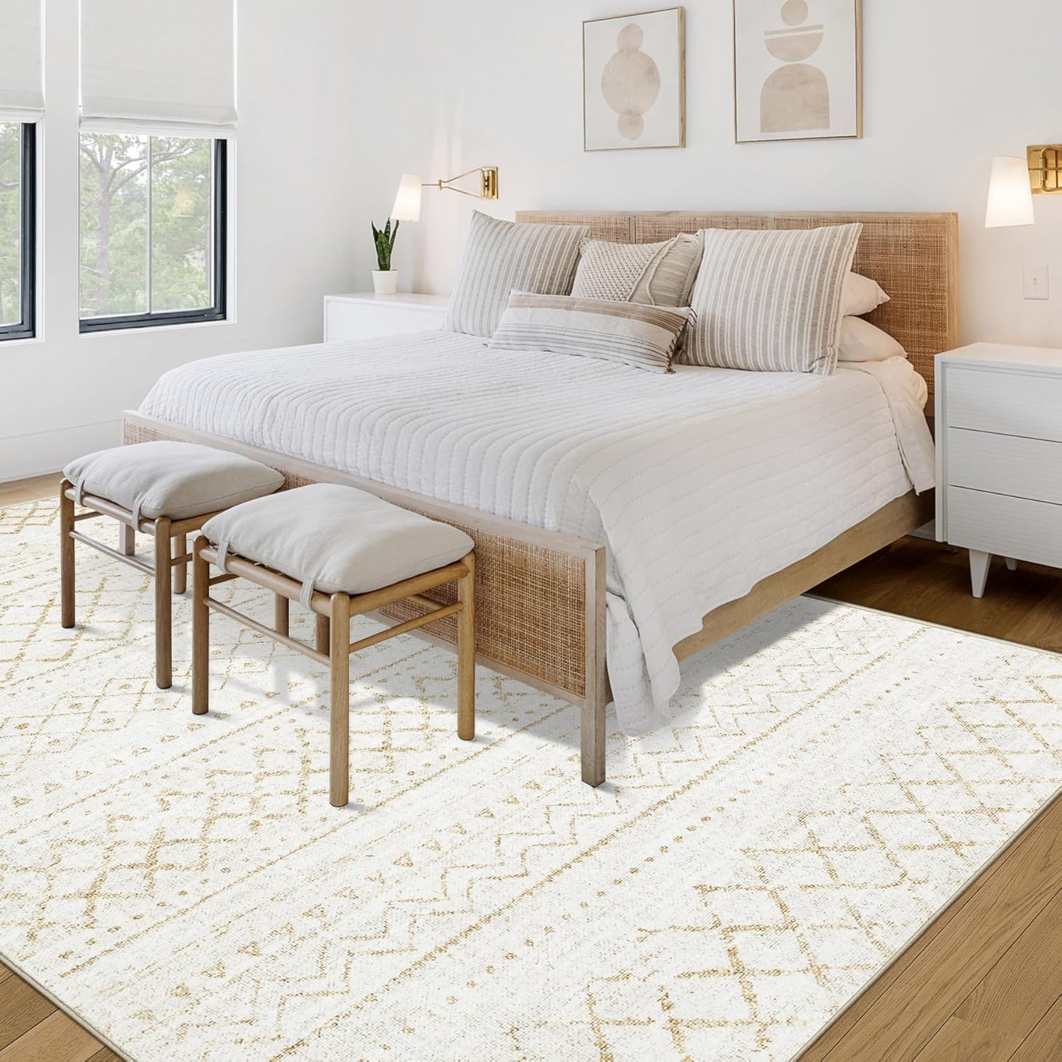 Area Rug 4x6 Geometric Rugs: Washable Boho Moroccan Rug Modern Neutral Stain Resistant Rugs Soft Farmhouse Indoor Floor Carpet for Living Room Bedroom Dining Table Nursery(Beige,4X6)
