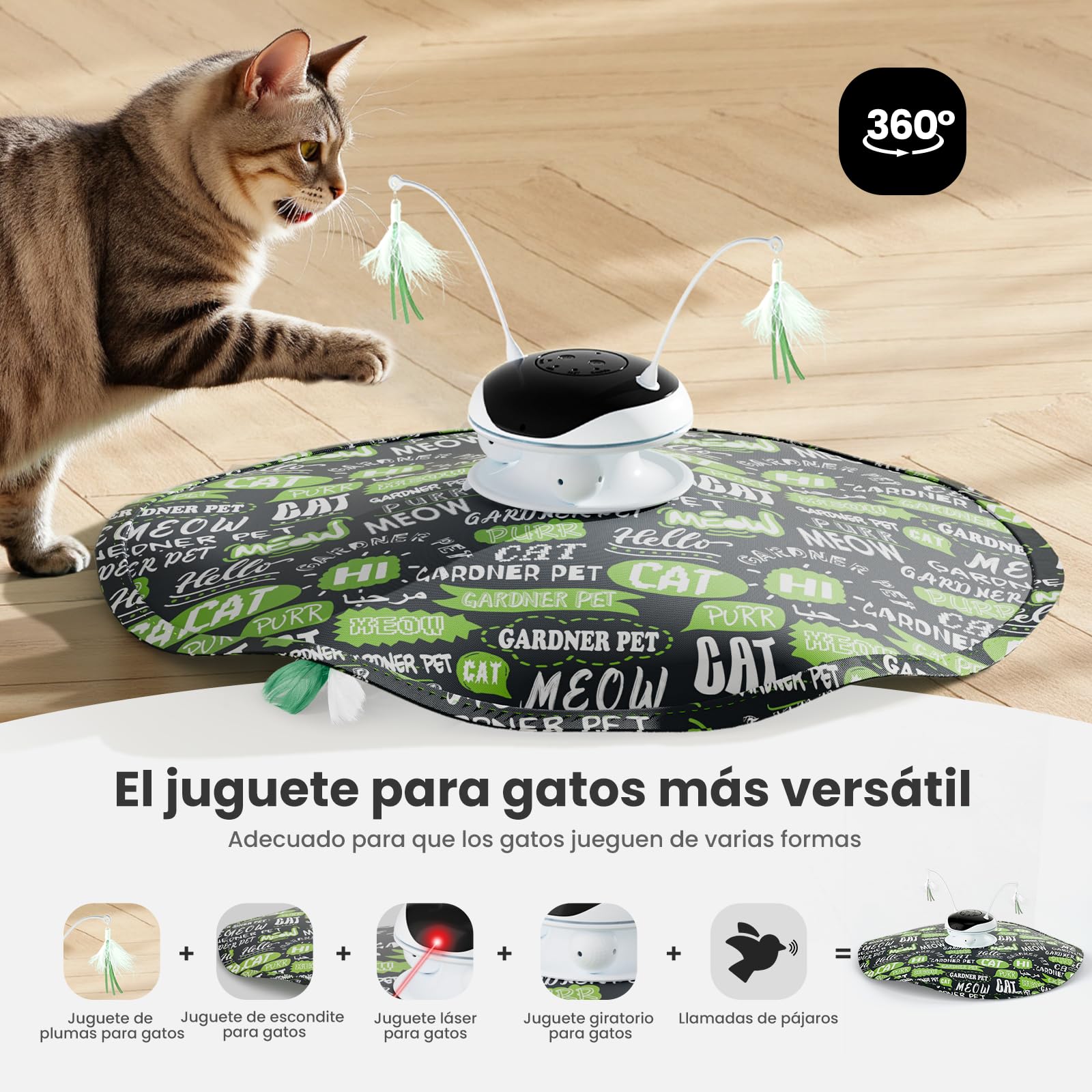 Gardner Pet Juguete para Gatos, 5 en 1 Eléctrico Interactivo Automático para Gatos, Juego de Escondite, Juguete con Plumas, Láser, Pelotas y Sonidos de Pájaros, Carga USB, Verde