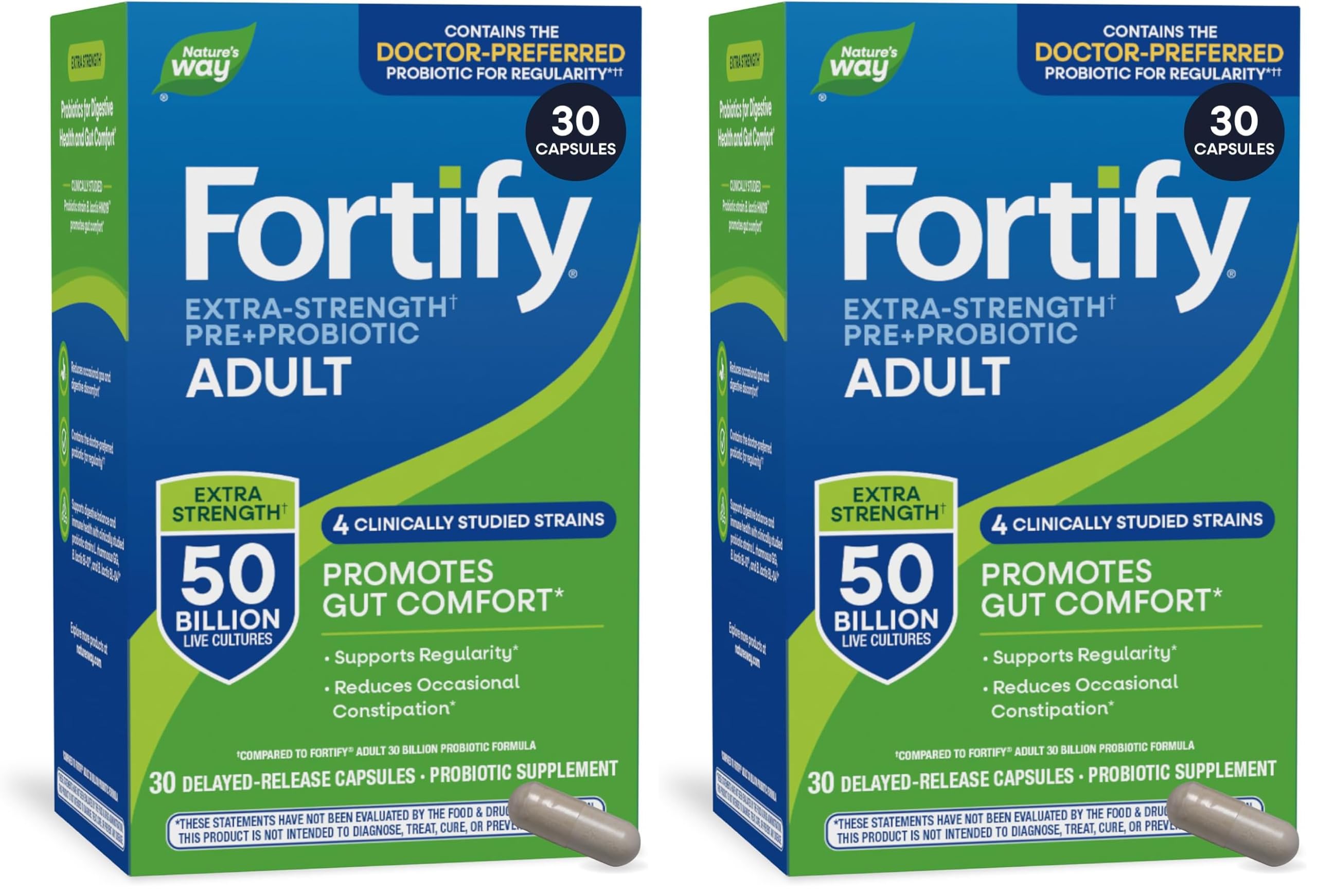 Nature's Way Extra Strength(1) Fortify Probiotic,Probiotics for Digestive Health,Prebiotics,50 Billion Live Cultures,Digestive & Immune Health Support*,30 Capsules,(Pack of 2) 30 Count (Pack of 2) 30 Count